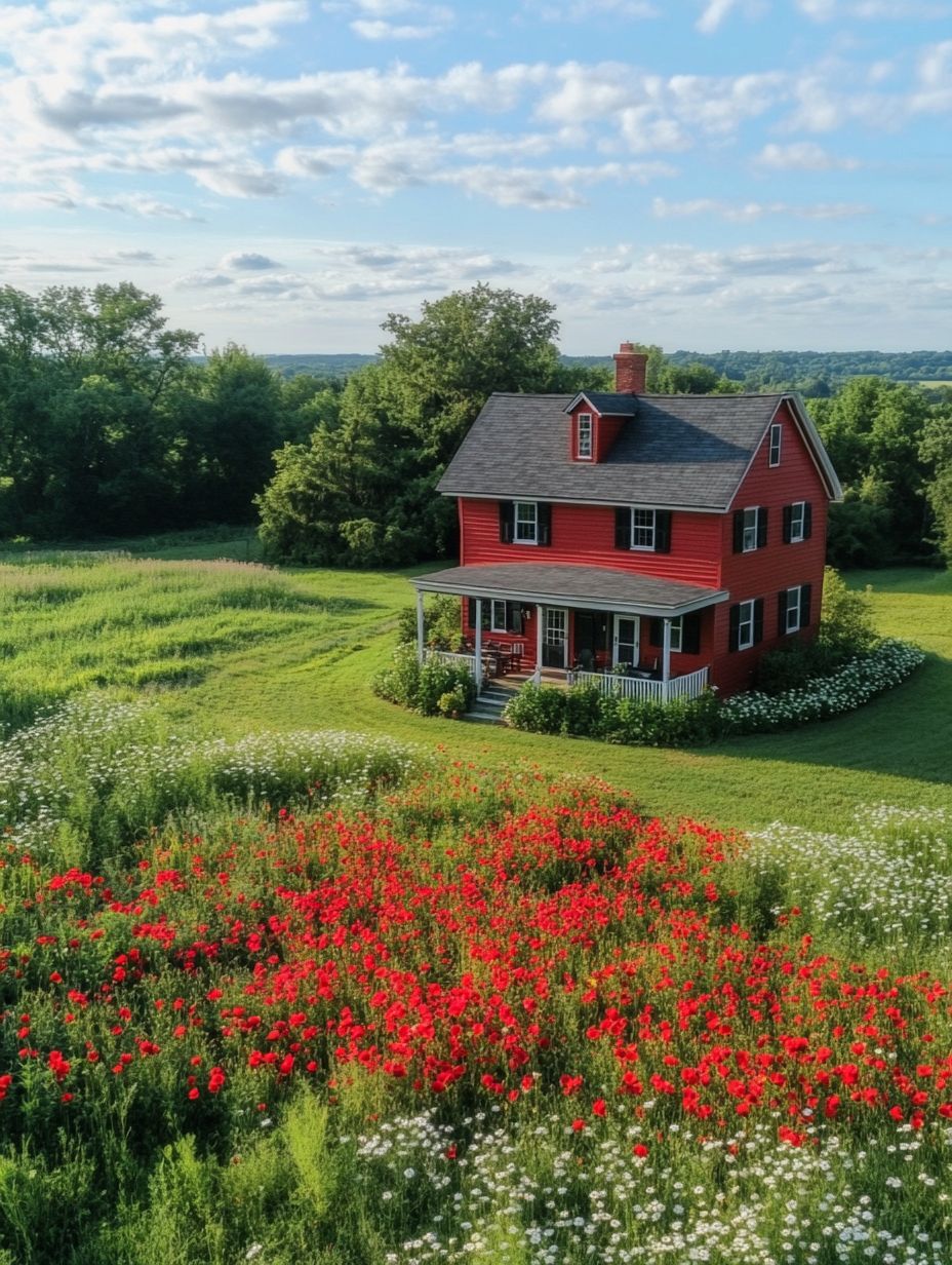 A red farmhouse with white trim sits in a field of red poppies and white daisies under a cloudy blue sky.