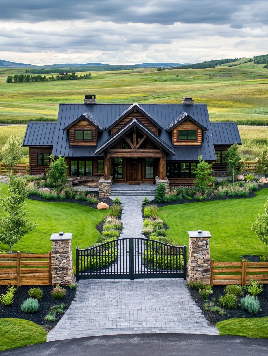 A modern log cabin with a metal roof is set on a landscaped property with a gated stone entrance and surrounded by green fields under a cloudy sky.