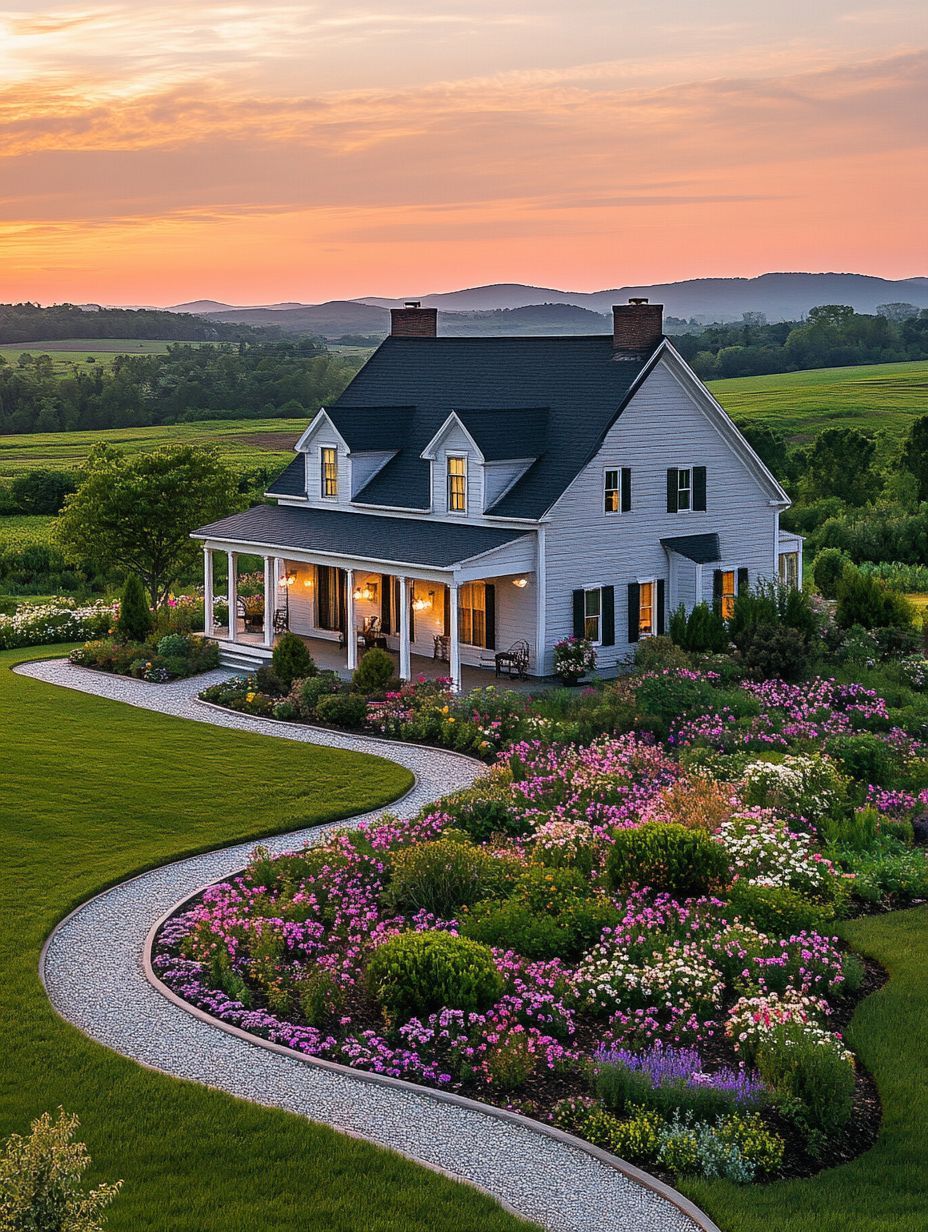 A gray farmhouse with a porch is surrounded by colorful flower gardens and a winding gravel path, set against rolling hills at sunset.