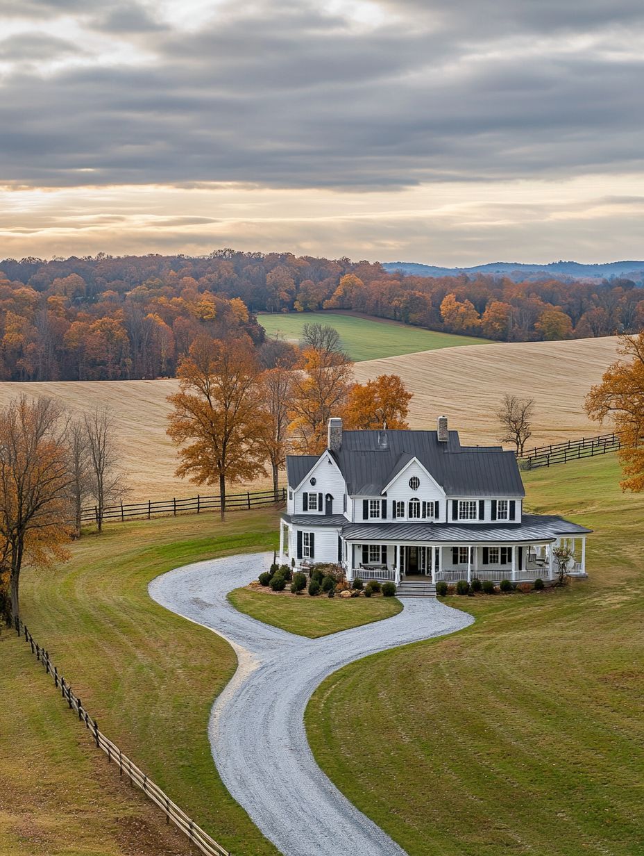 A white two-story farmhouse with a wraparound porch sits on a large grassy property with a curved gravel driveway, surrounded by autumn trees and rolling fields under a cloudy sky.