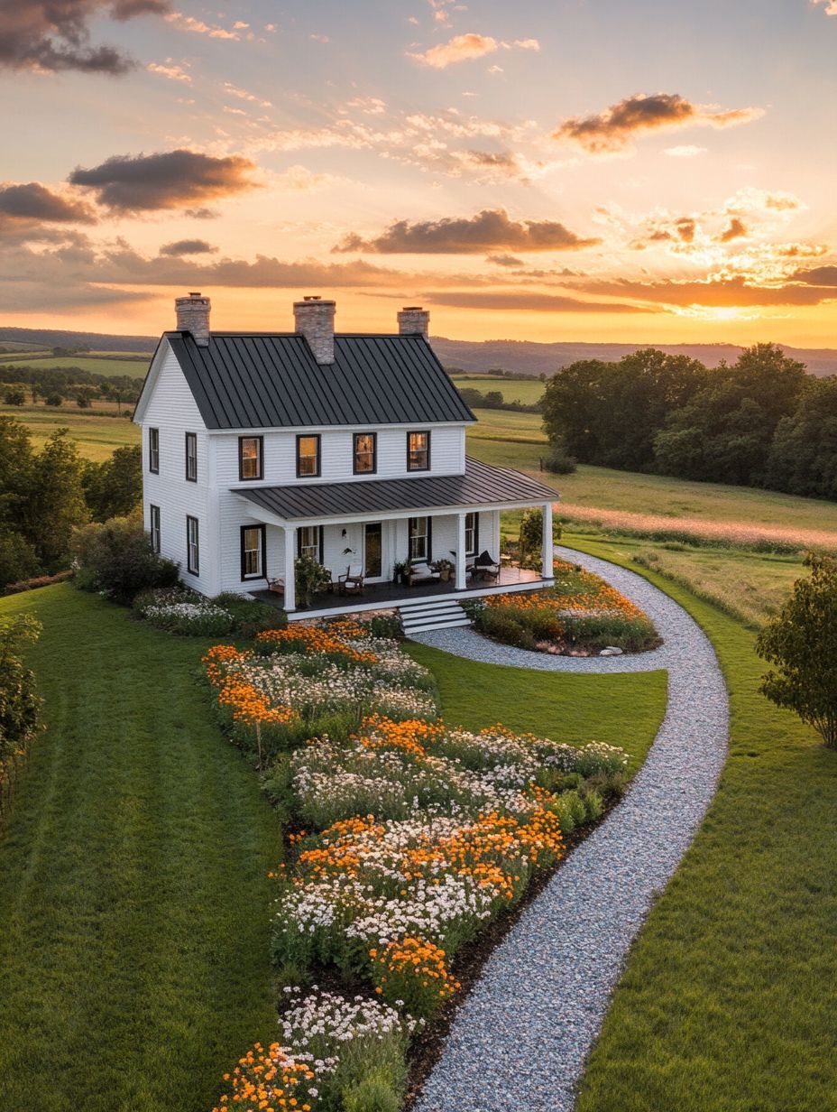 A white two-story house with a covered porch, surrounded by a garden of blooming flowers and a curved gravel path, set in a rural landscape at sunset.