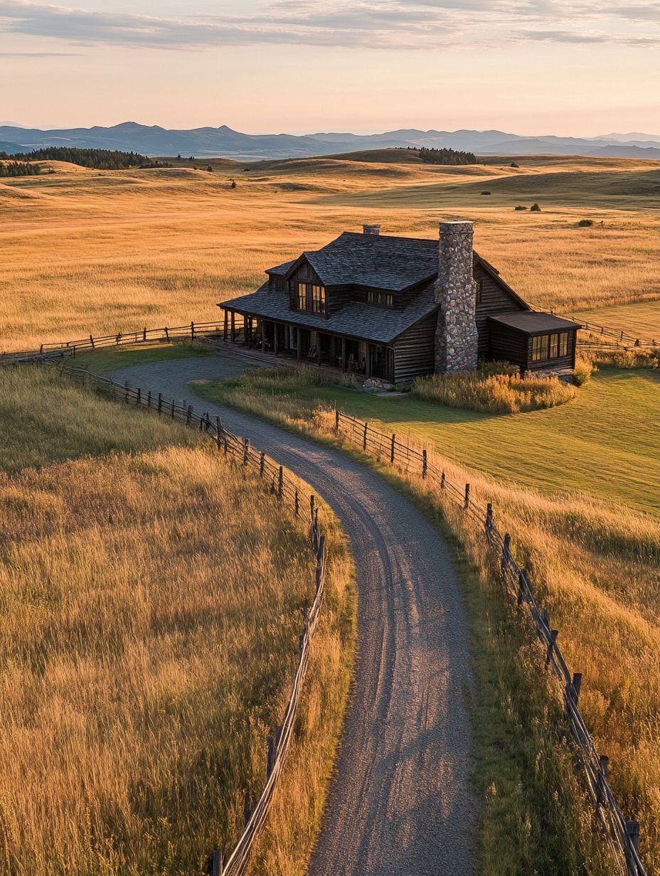 A gravel road curves toward a rustic house with a stone chimney, surrounded by fences and golden fields under a partly cloudy sky.