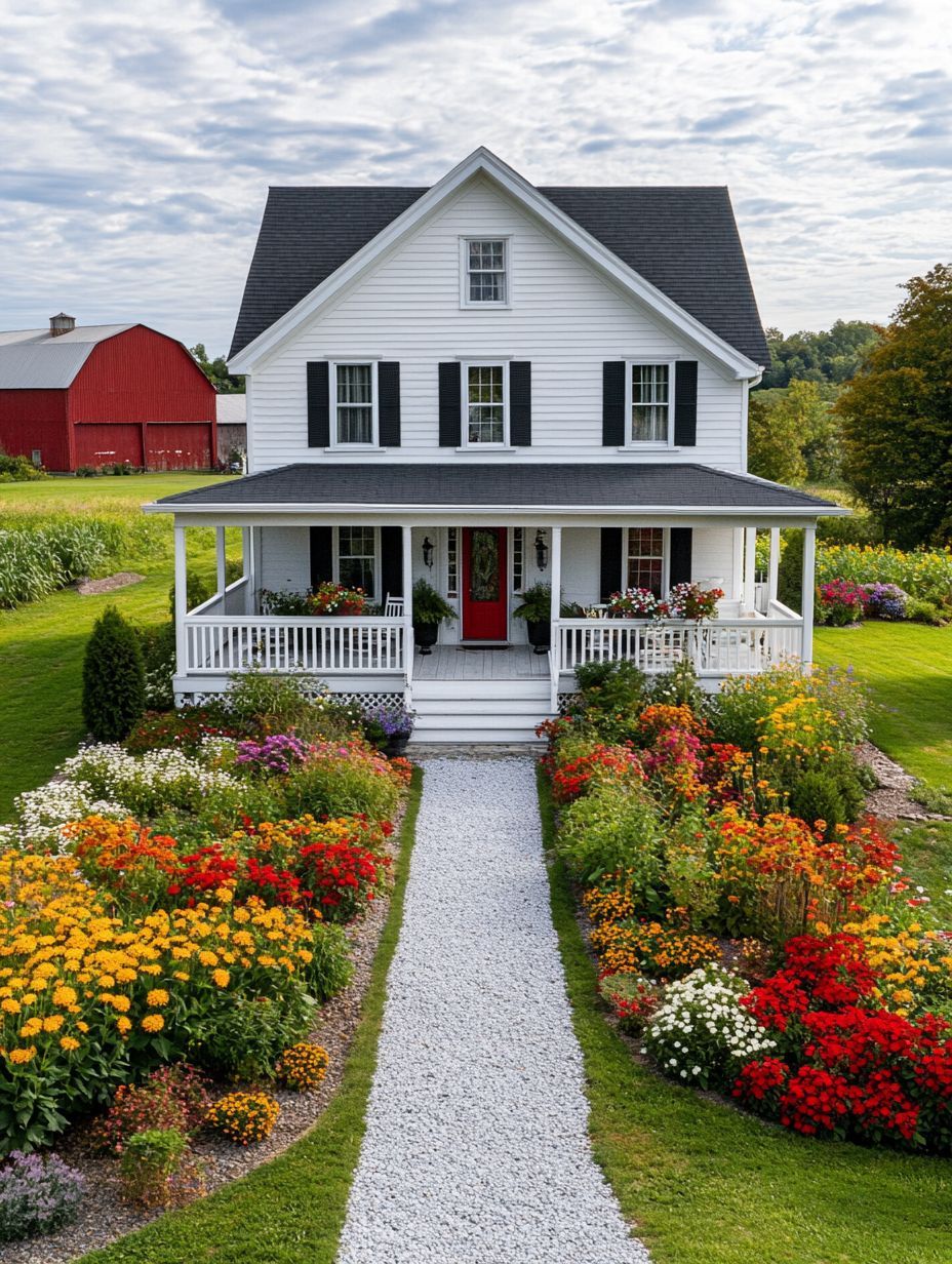 A white two-story house with a red door and black shutters is surrounded by a colorful flower garden and a gravel walkway, with a red barn and fields in the background.