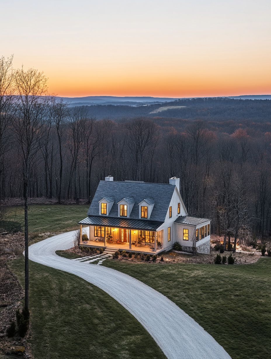 A white house with a wraparound porch sits at the end of a curved gravel driveway, surrounded by trees at sunset.