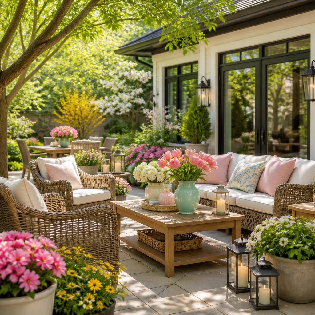 A patio with wicker furniture, flower arrangements, and lit lanterns, set in a lush garden outside a house with large windows and greenery.