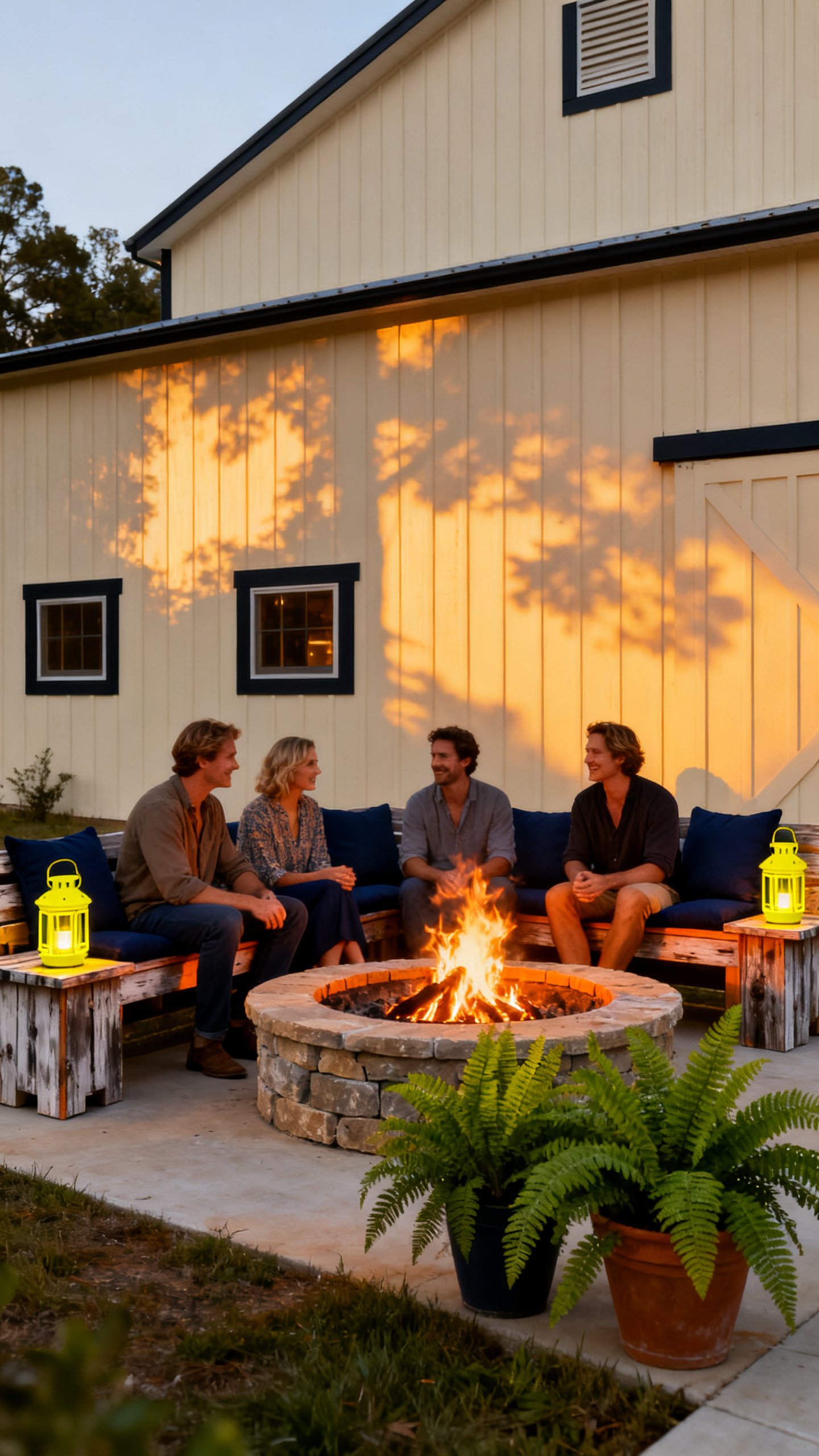 European friends gathered around an outdoor fire pit next to a Georgia barndominium at dusk.