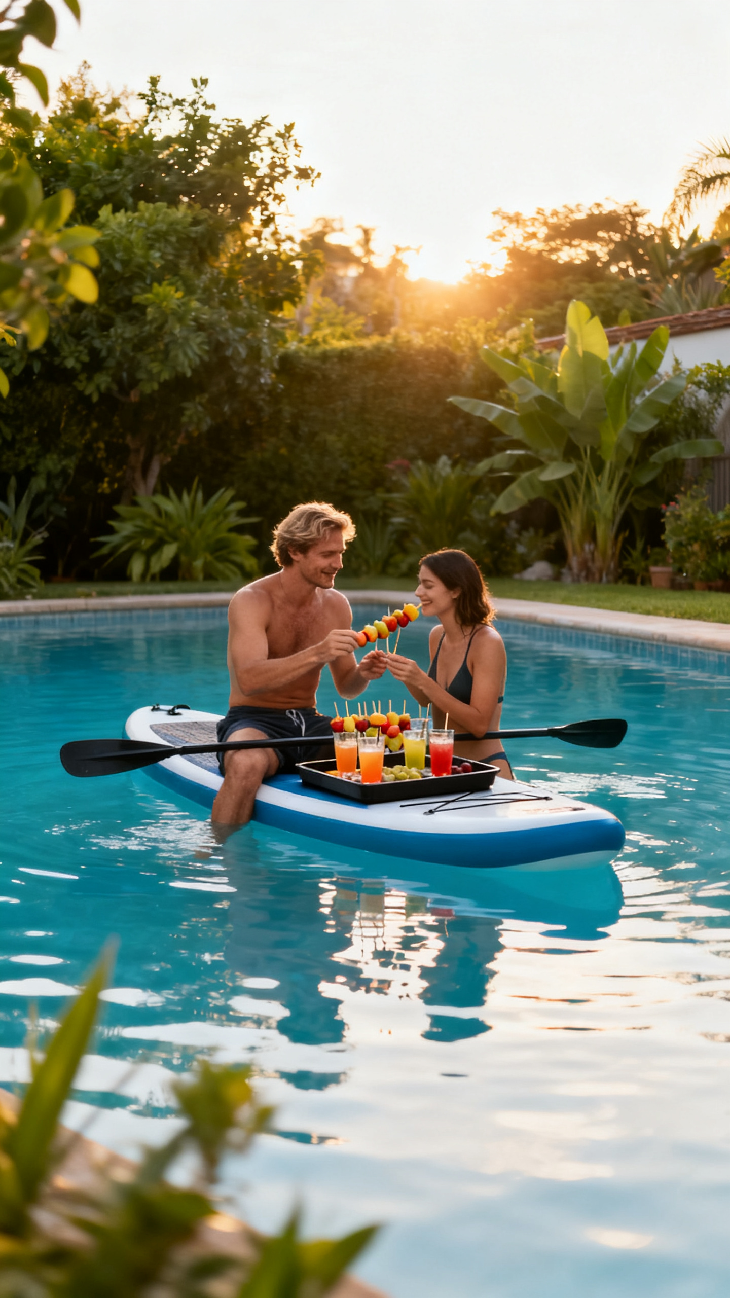 European couple enjoying a paddleboard picnic on backyard pool