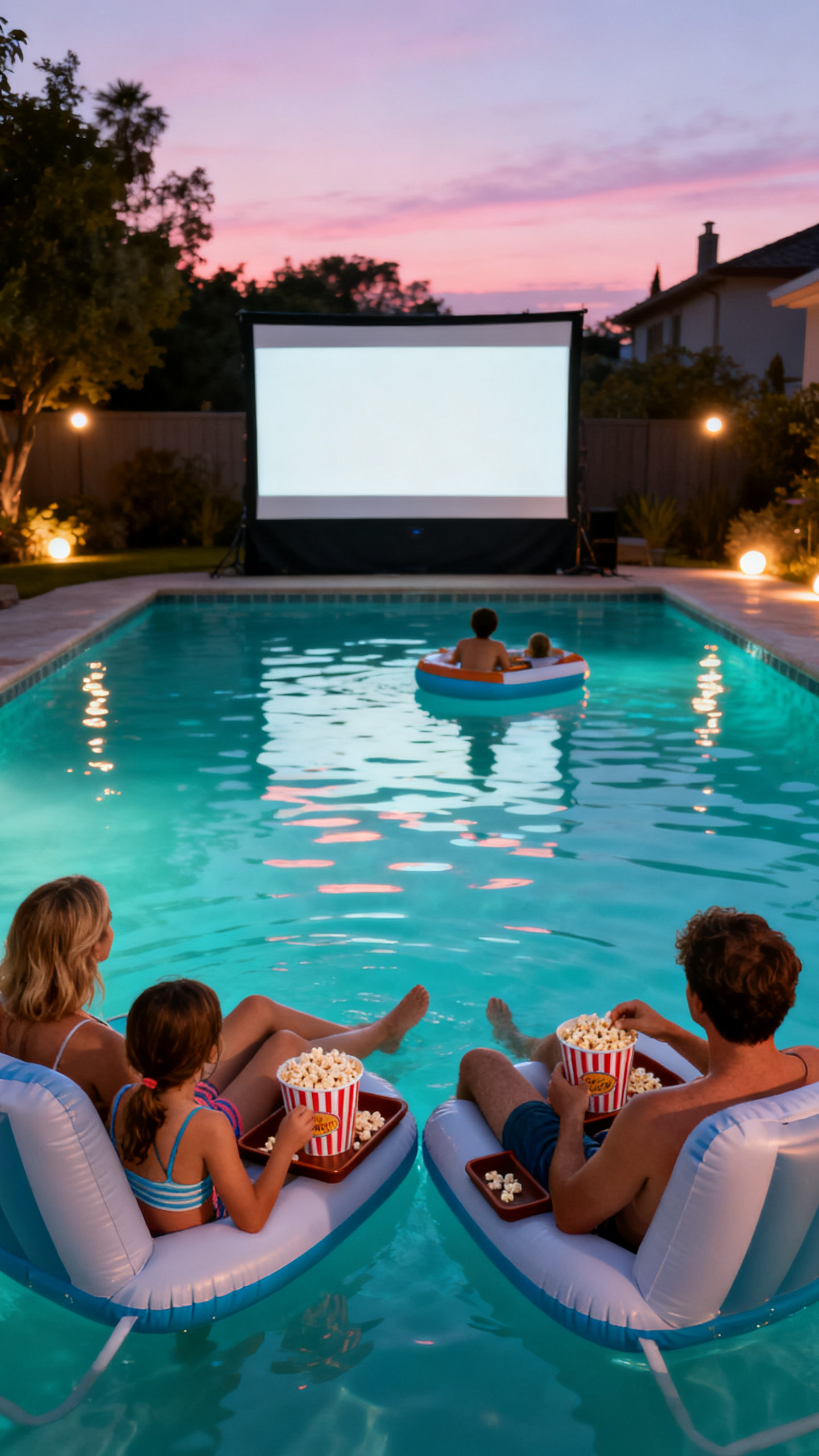 A family sits on pool floats with popcorn, watching a movie projected onto a screen beside a backyard pool at sunset.