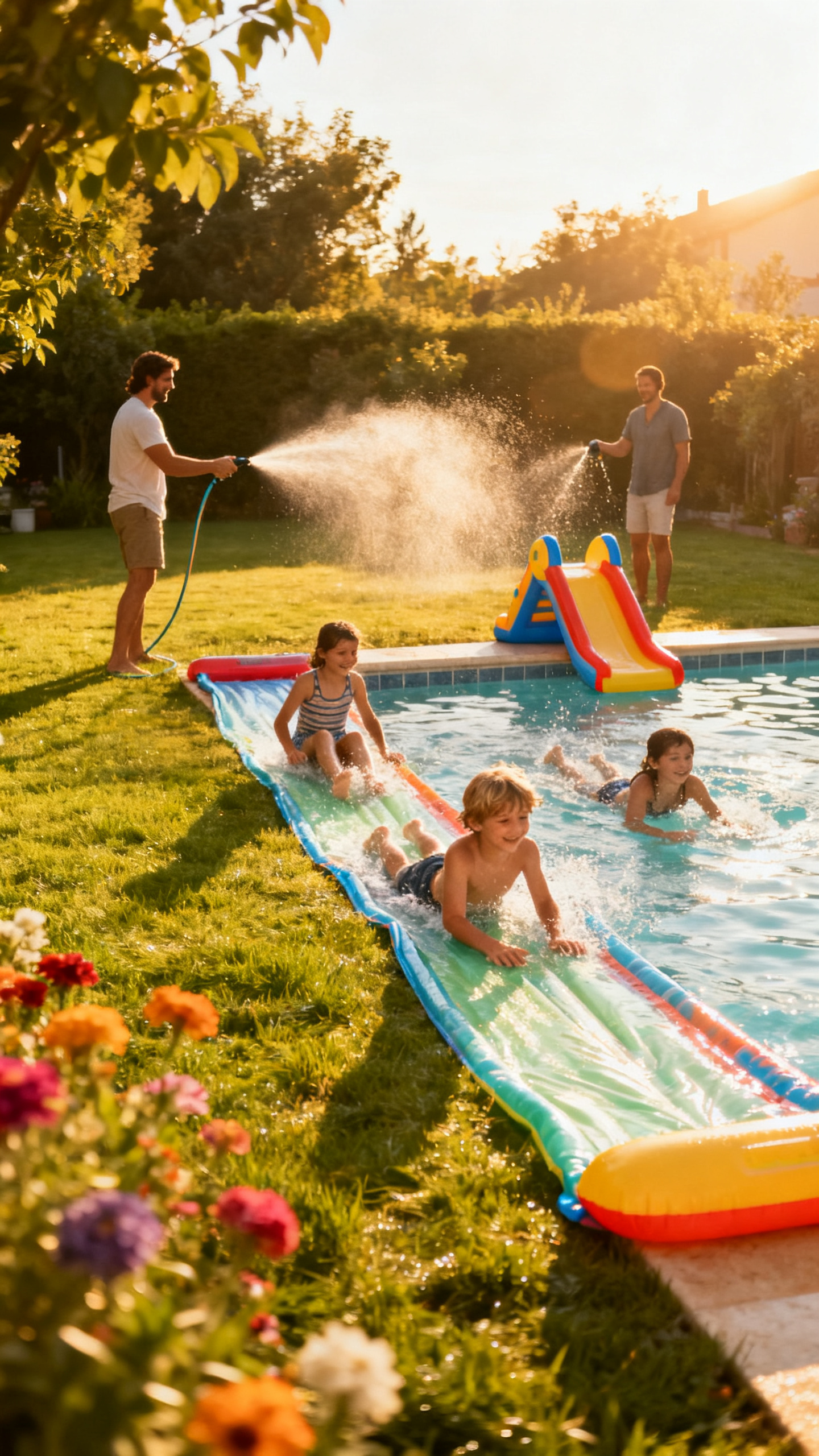European children sliding down a slip n slide into a pool next to an inflatable slide and misting sprinklers