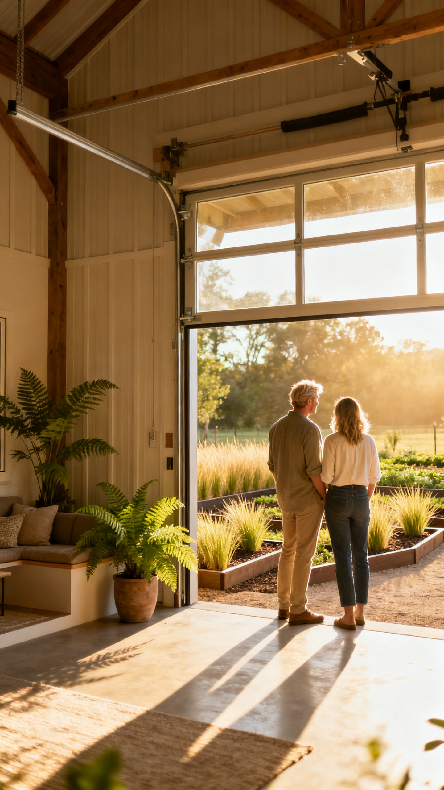 European couple by sunlit glass garage door framing garden view