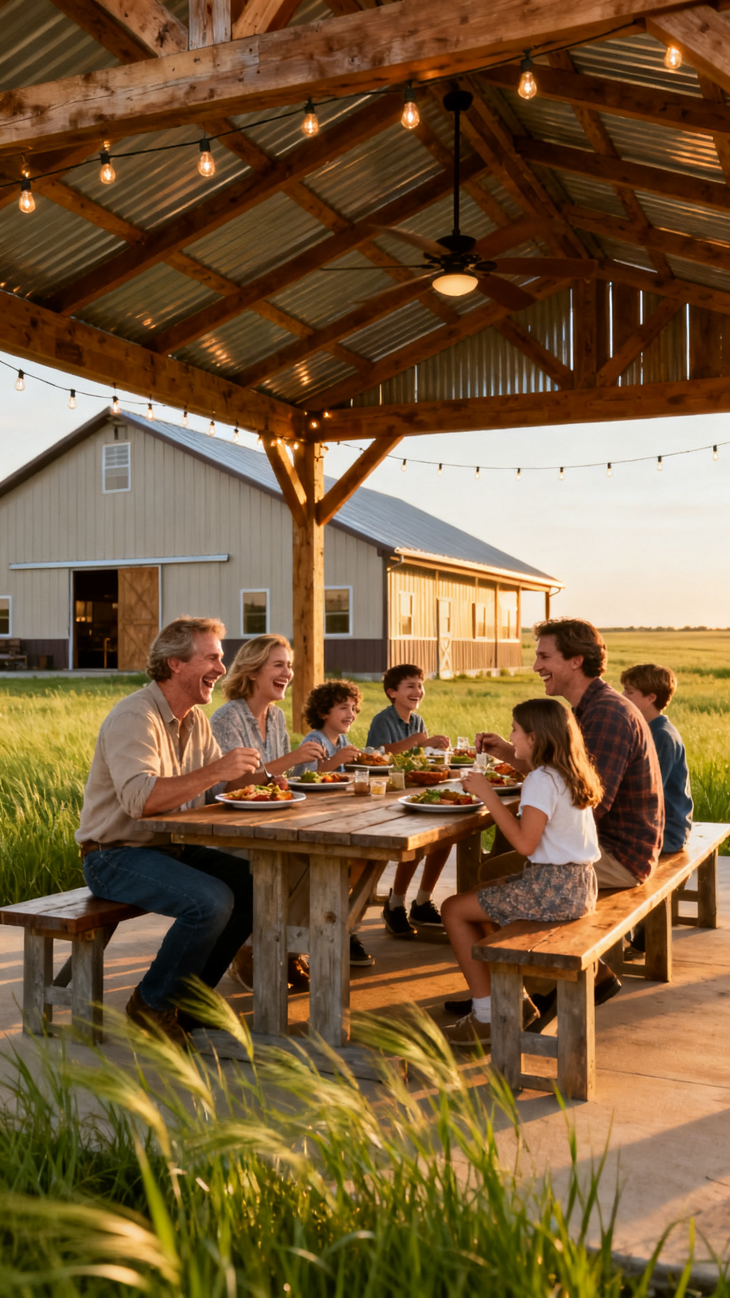 European family dining under a timber-framed outdoor pavilion by a Nebraska barndominium