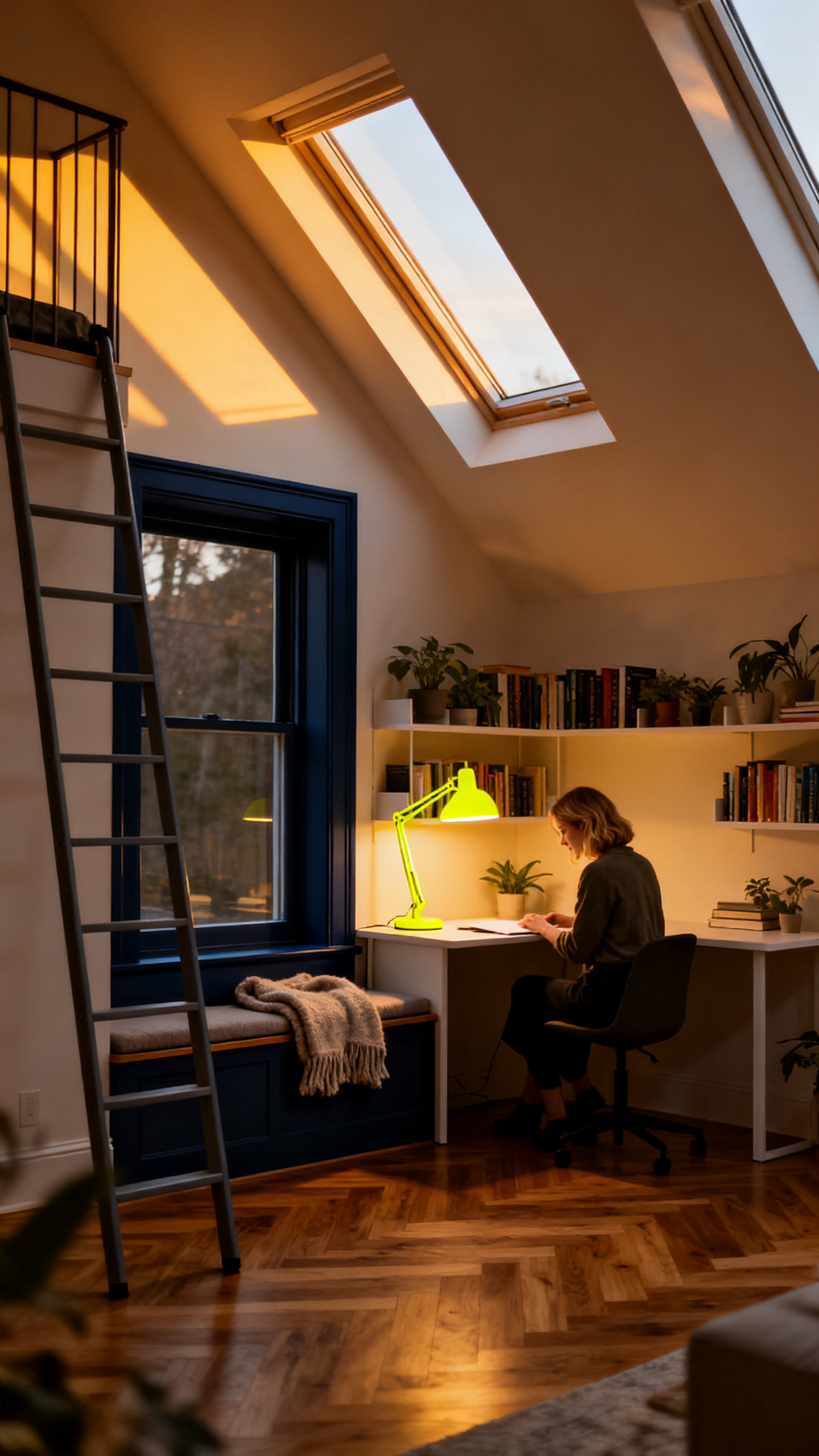 European woman working in a cozy attic loft office with skylights in a Georgia barndominium.