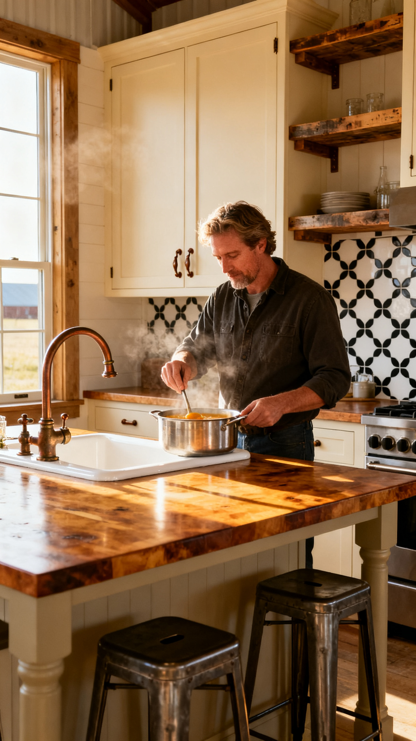European cook at a farmhouse kitchen island with rustic cabinetry and butcher block