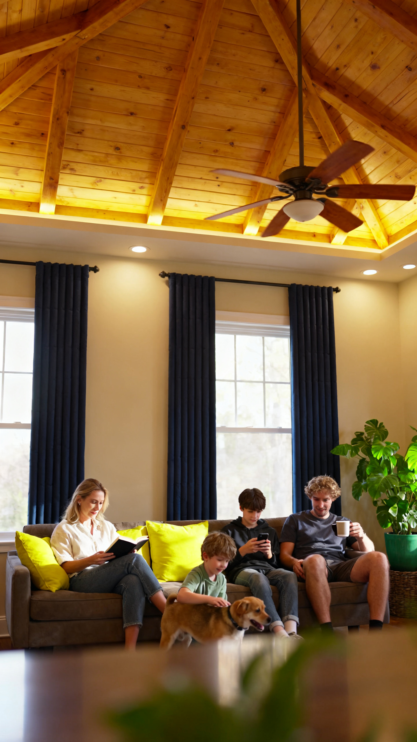 European family relaxing in a vaulted living room with timber roof beams in a Georgia barndominium.