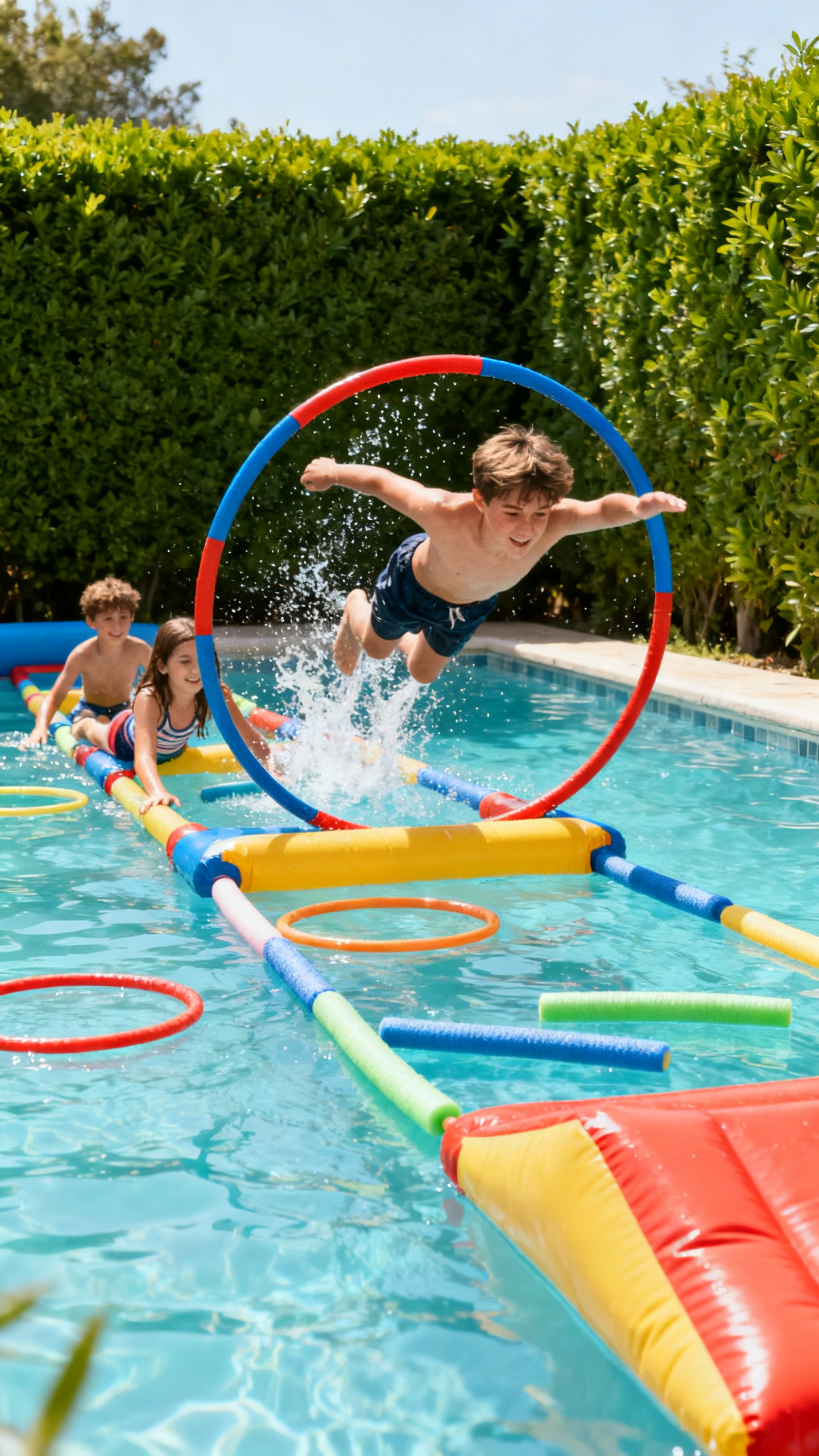 European children racing through a floating pool obstacle course with hoops and noodles under bright summer sun