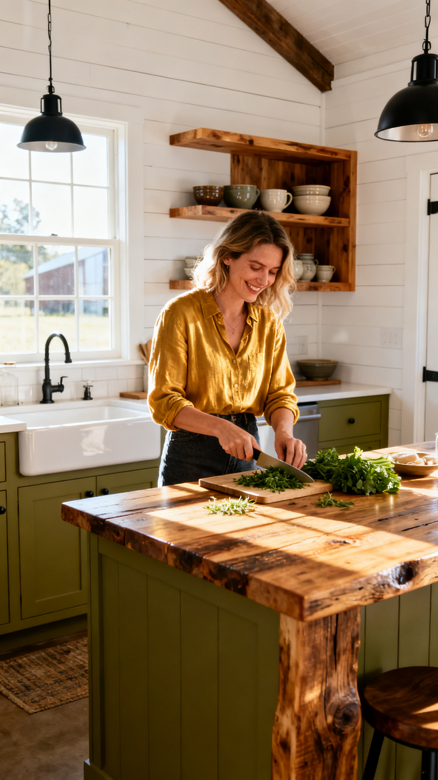 European woman cooking in modern rustic barndominium kitchen with wood island