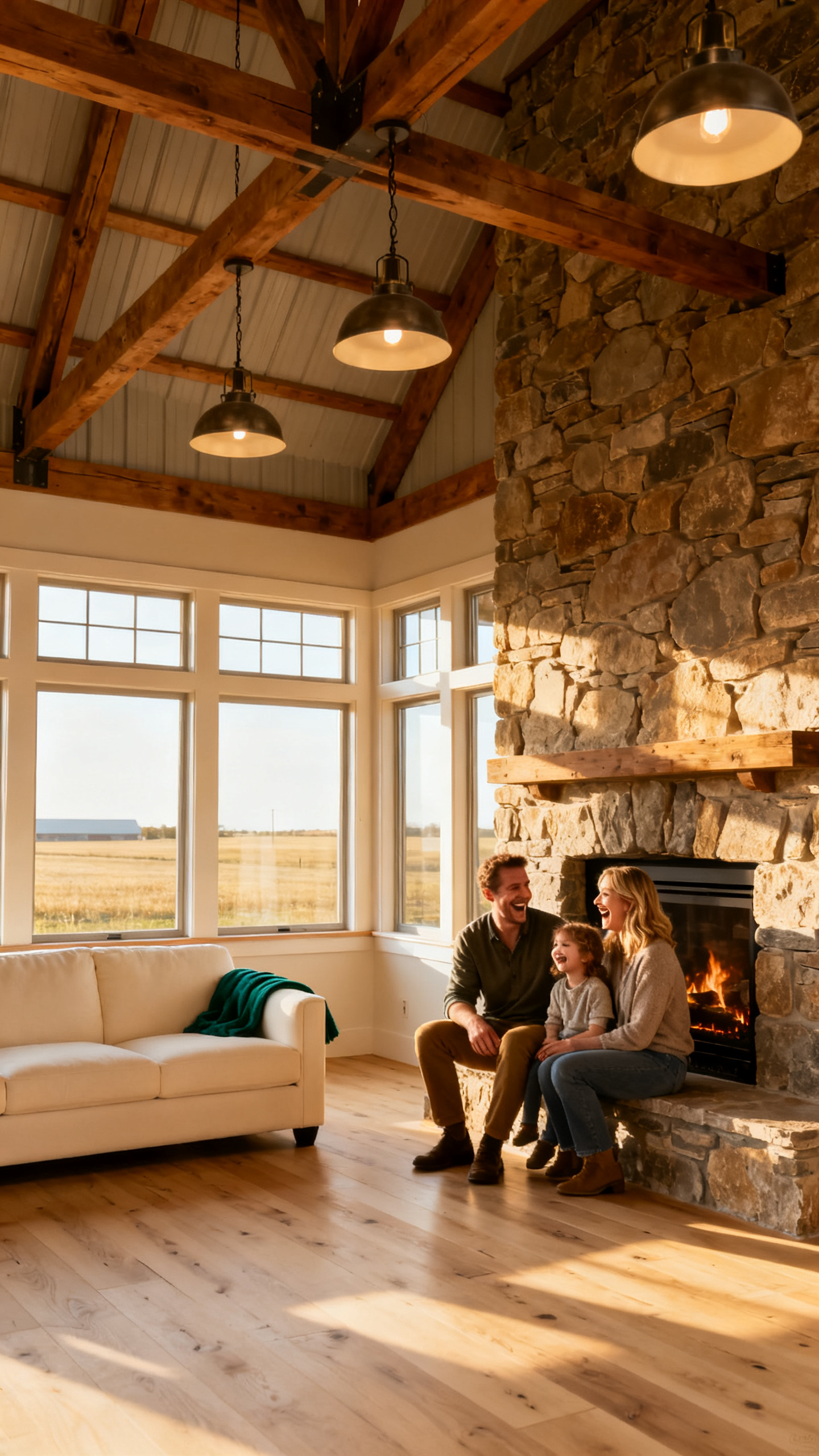 European family enjoying an open-concept living area with exposed beams and stone fireplace