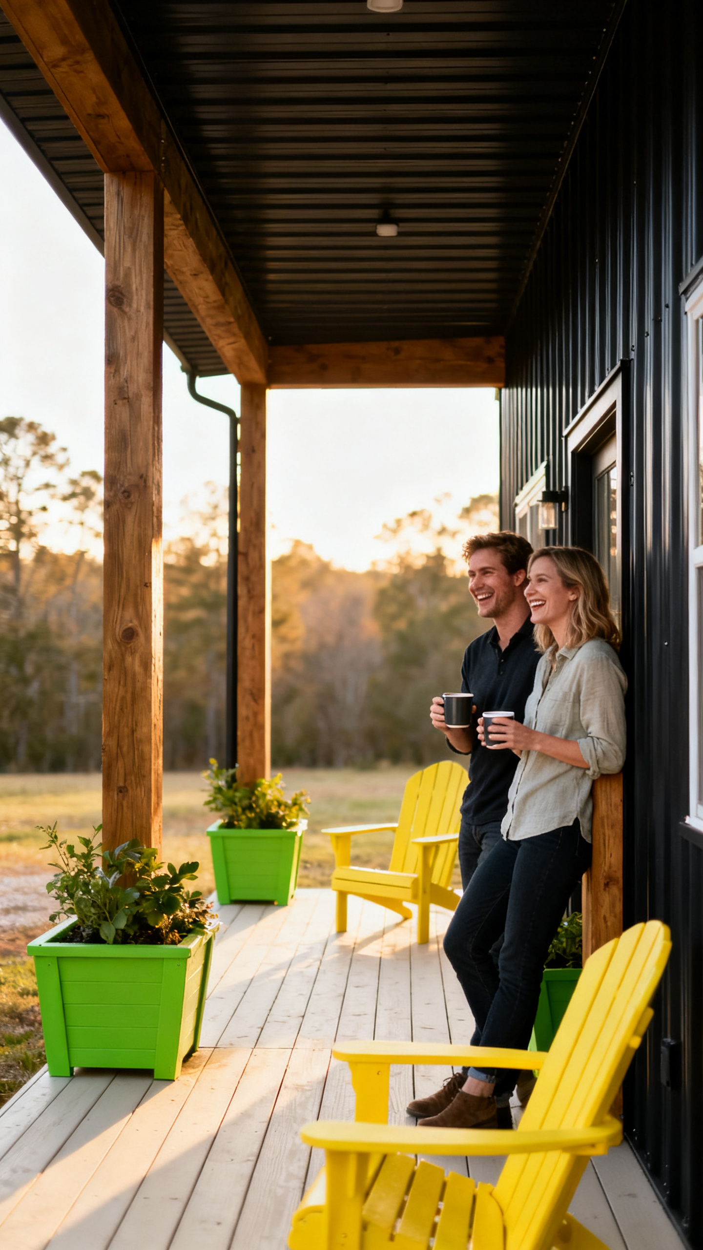A man and woman stand on a wooden porch with yellow chairs and green planters, smiling and holding coffee mugs. Trees and sunlight appear in the background.