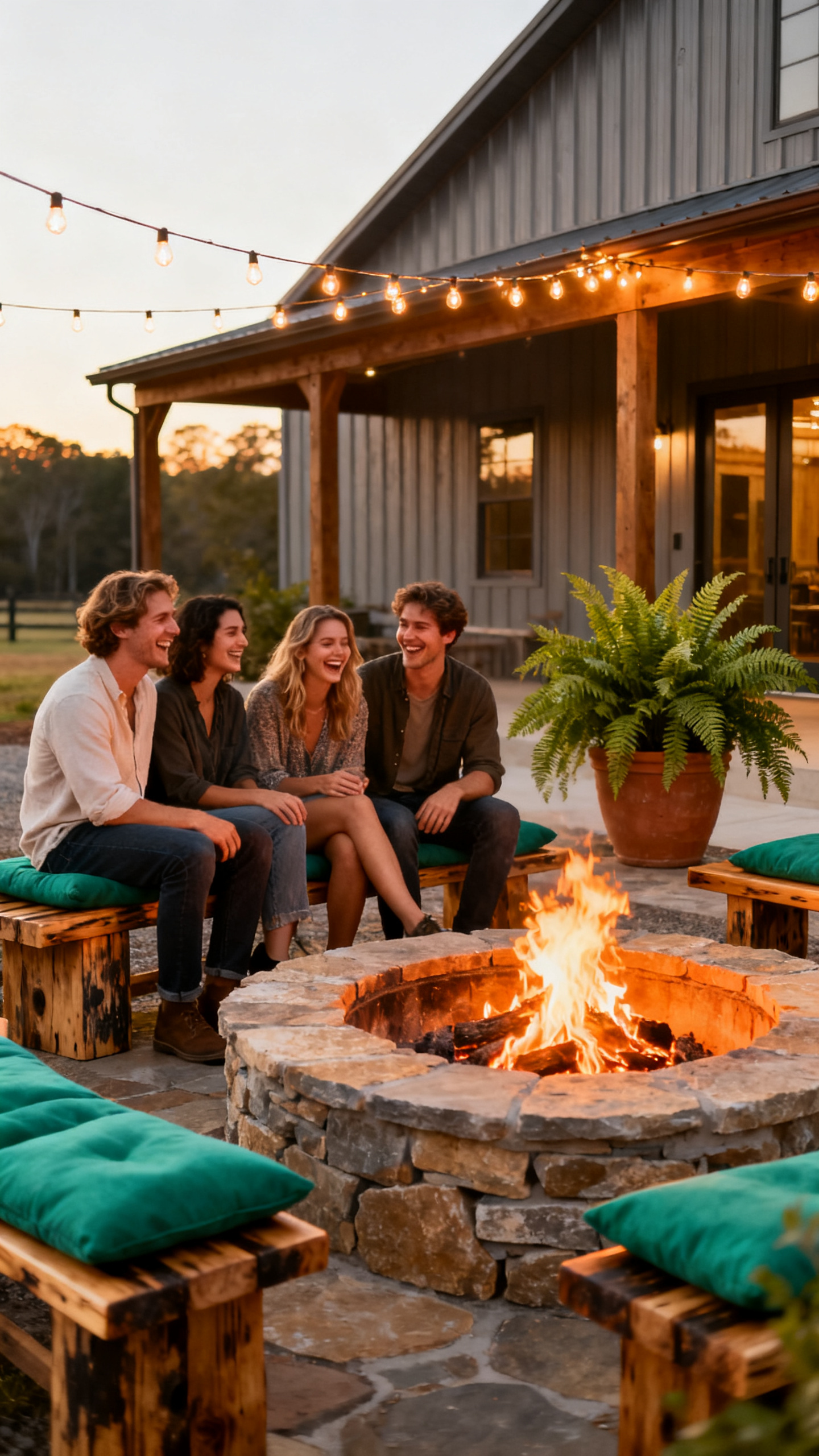 European friends around stone fire pit with cozy outdoor seating