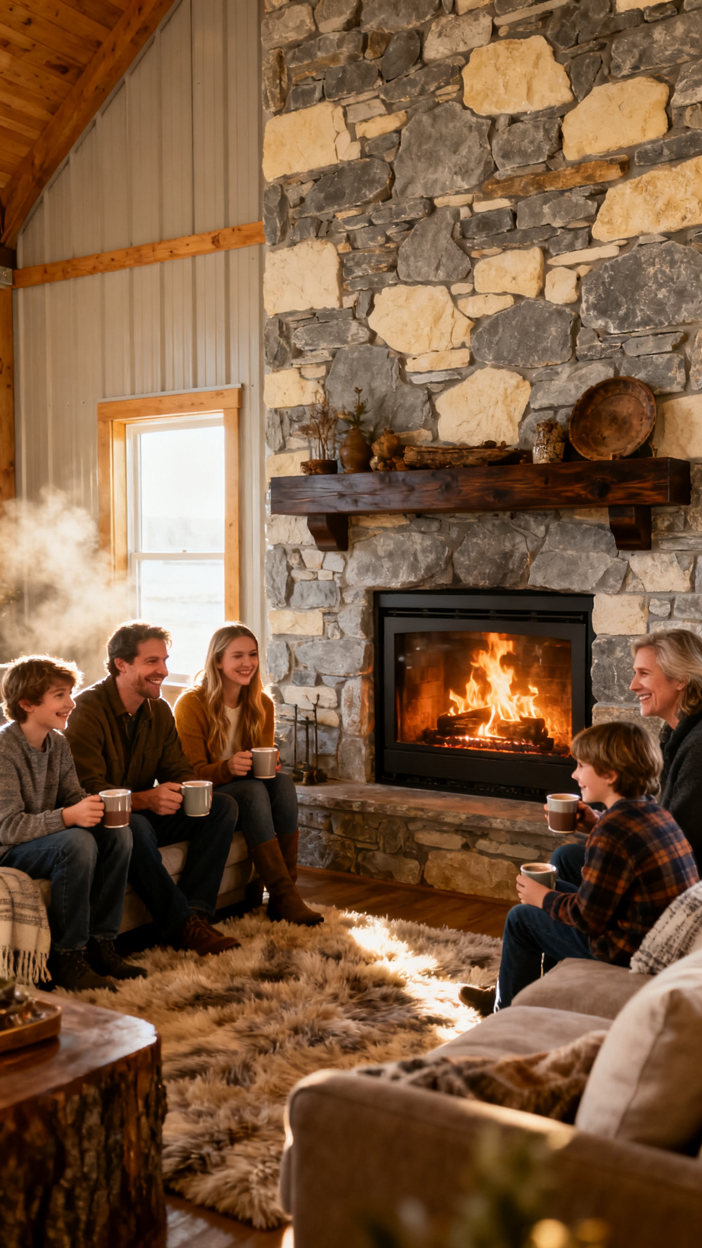 European family gathered around a stone fireplace accent wall in a Nebraska barndominium living room
