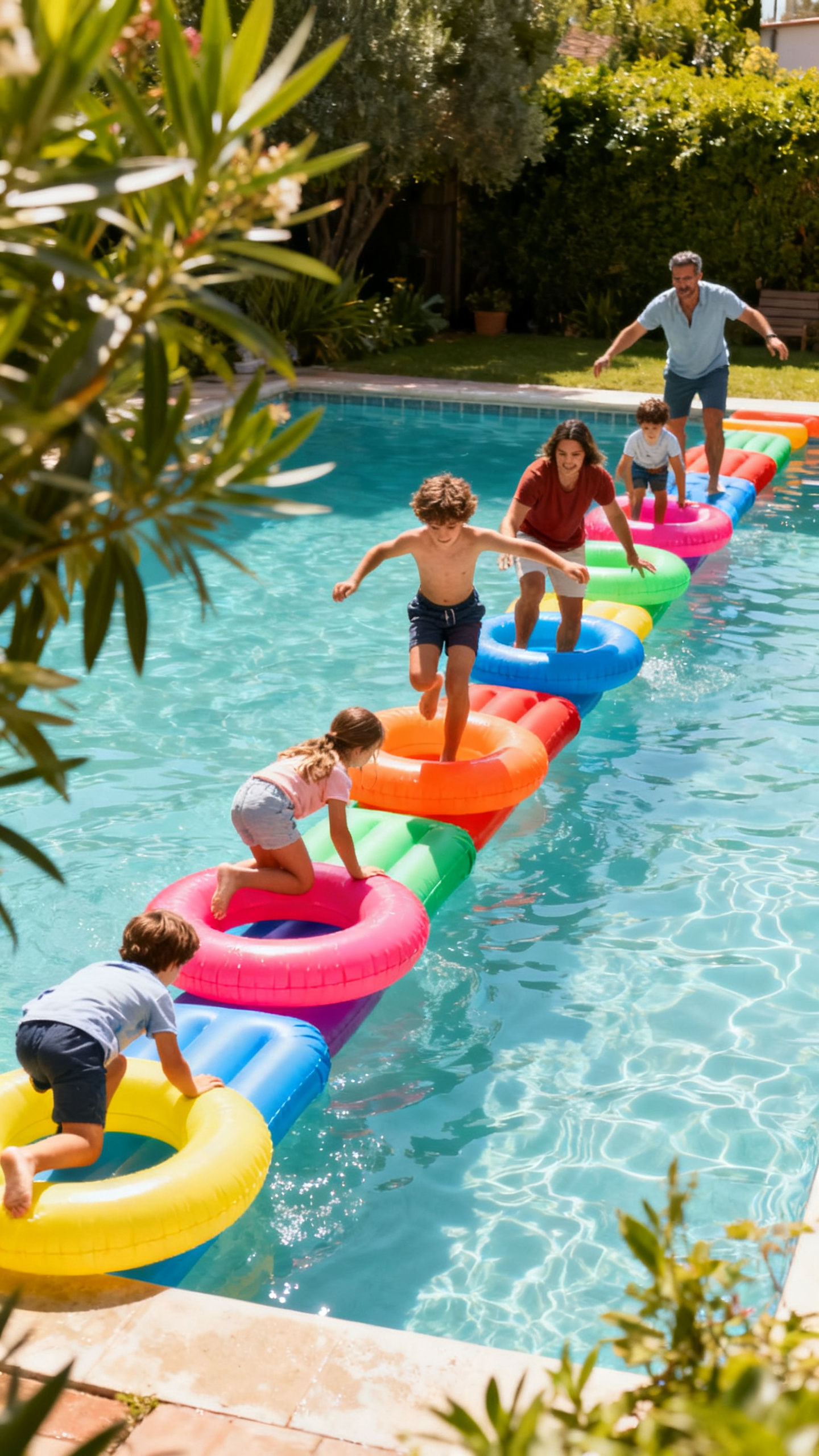European family racing across a series of colorful inflatable floats in a pool relay
