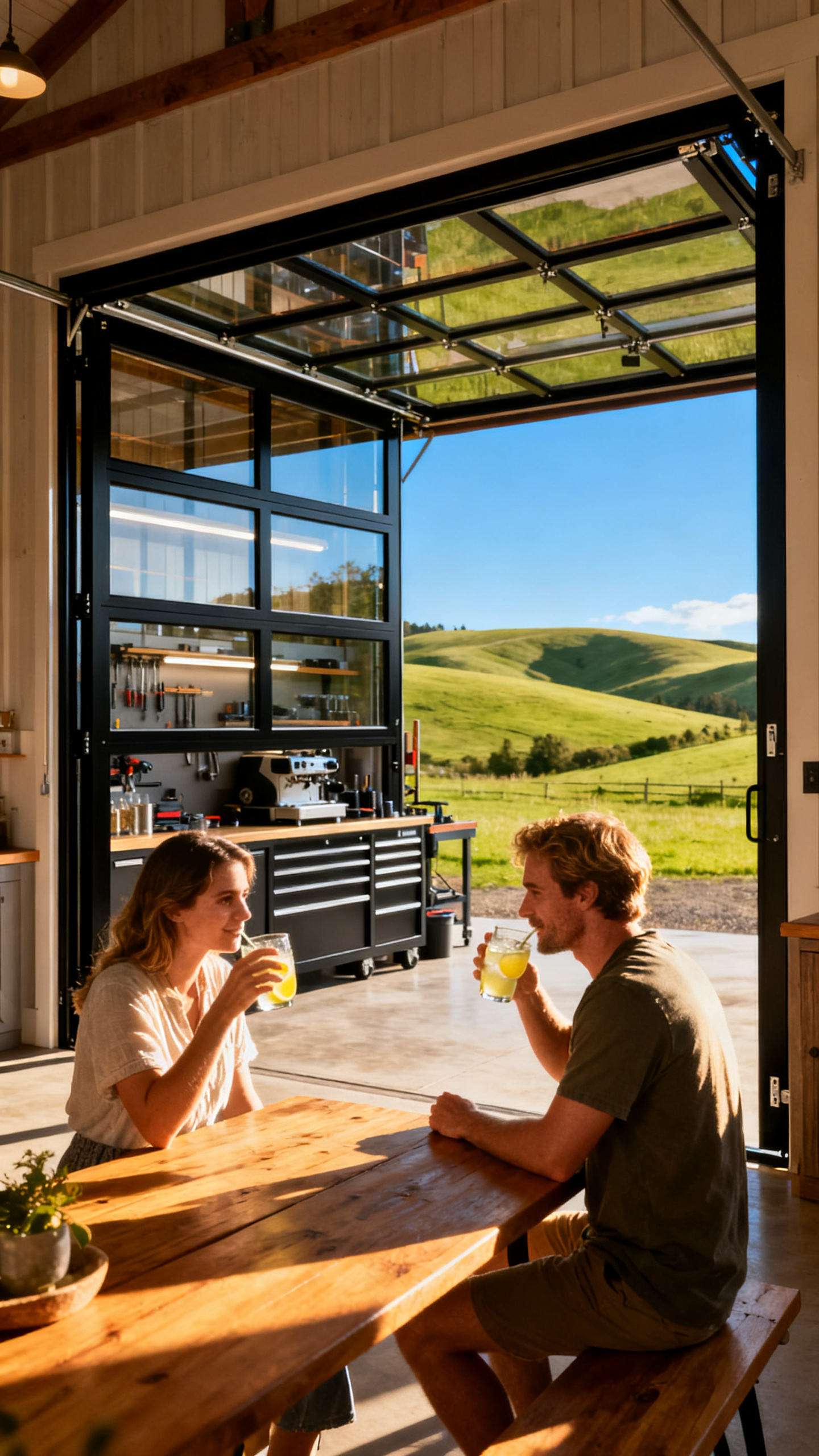 European couple enjoying glass garage doors open to a workshop and prairie view in a Nebraska barndominium