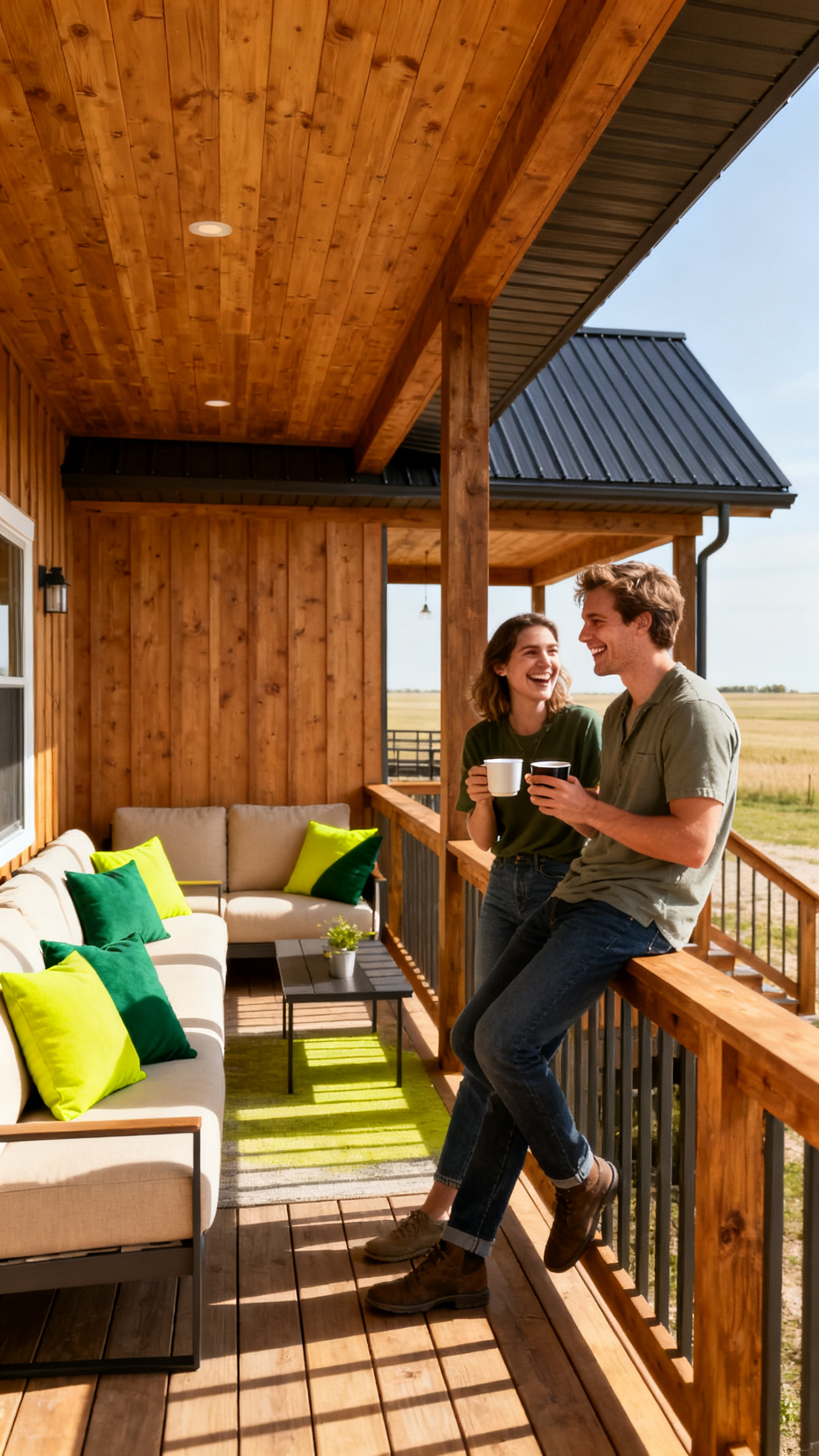 Two people stand and smile while holding mugs on a wooden porch with outdoor seating and green cushions, next to a house in a rural setting.