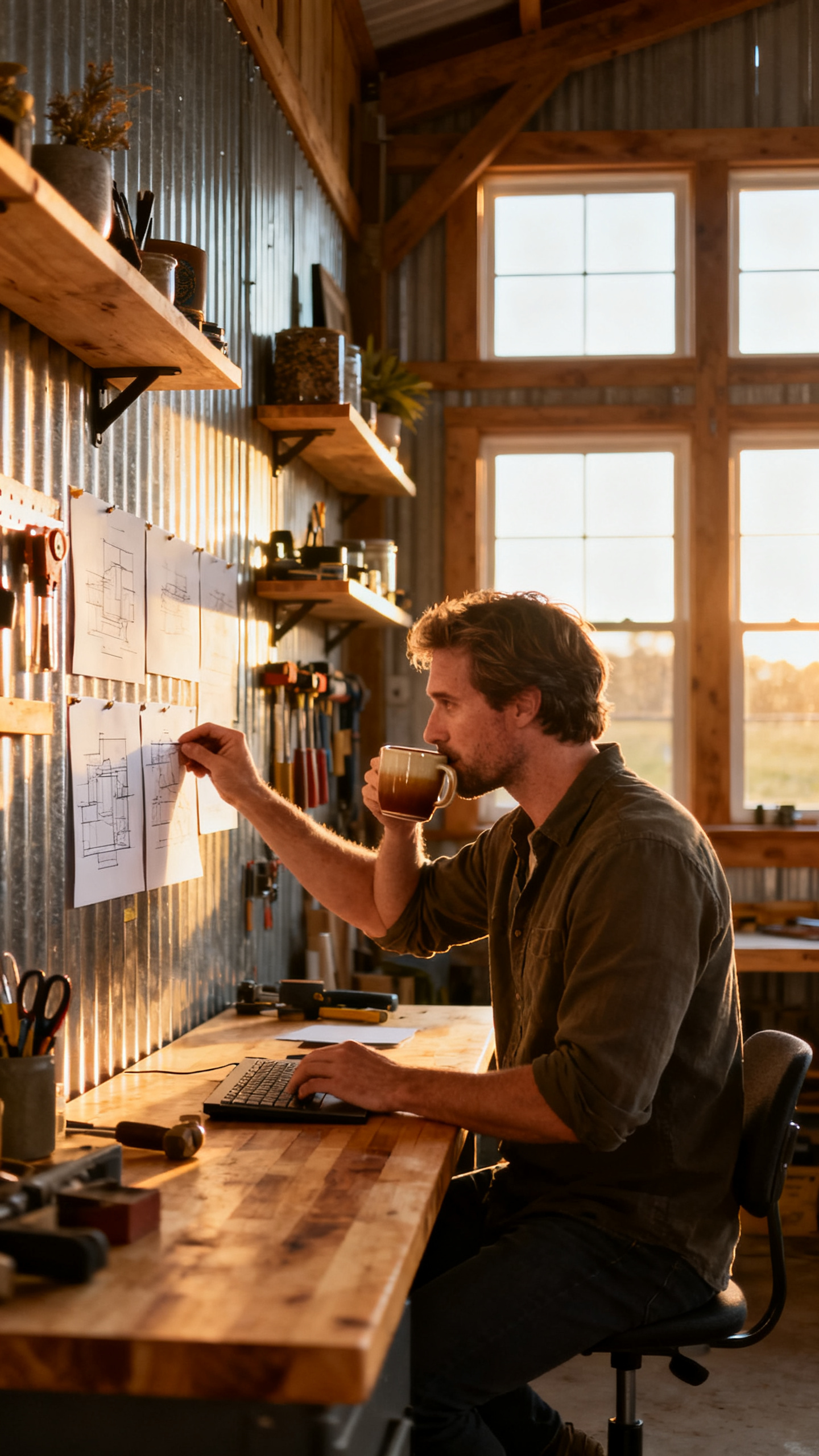 European man working in integrated workshop and office space in barndominium