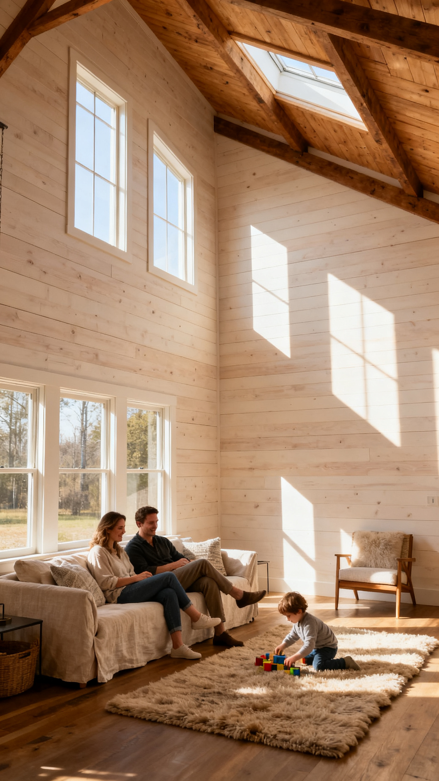 European family enjoying airy vaulted living room with wood beams