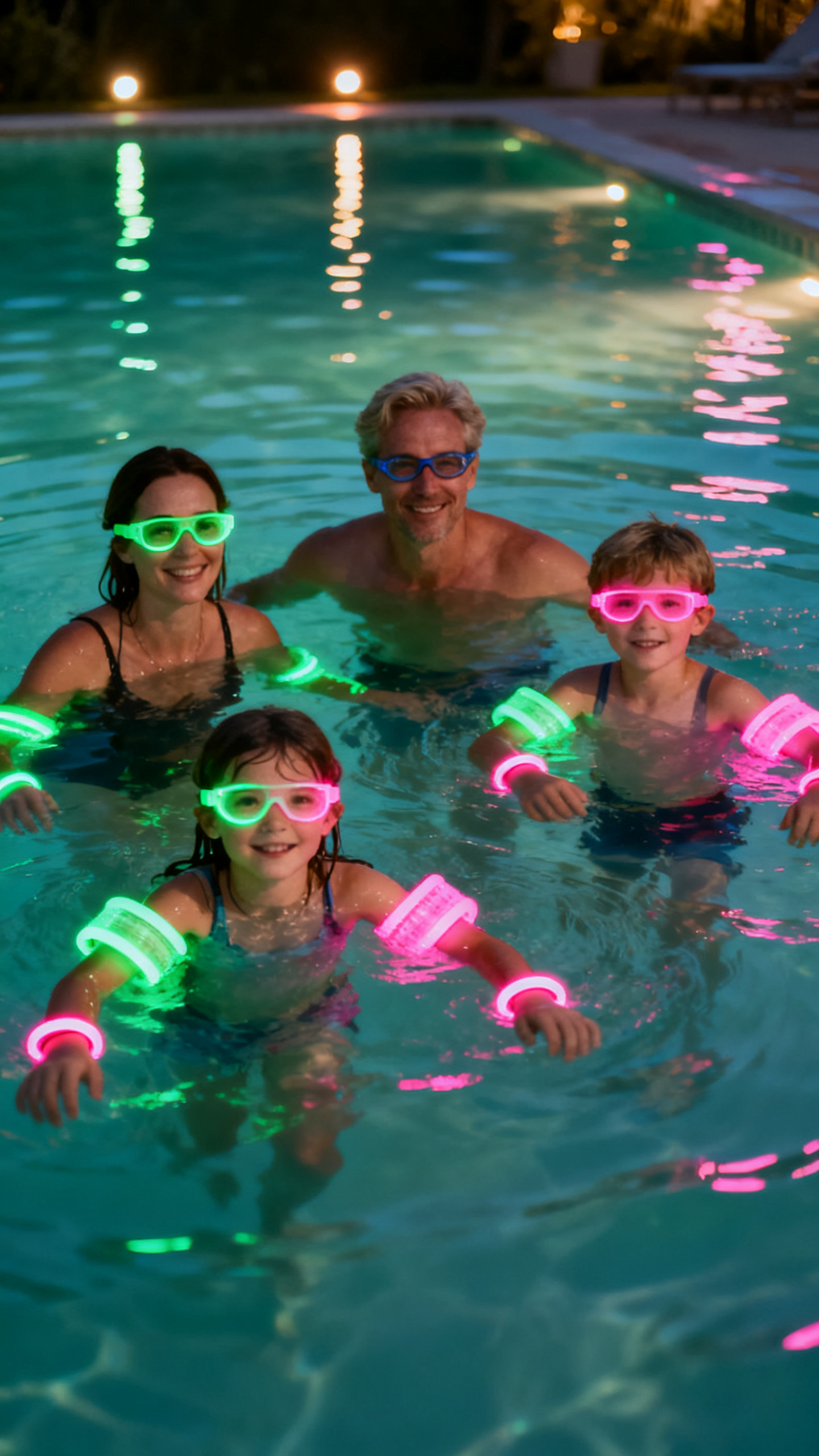European family enjoying a glow in the dark swim with LED lights under water at night