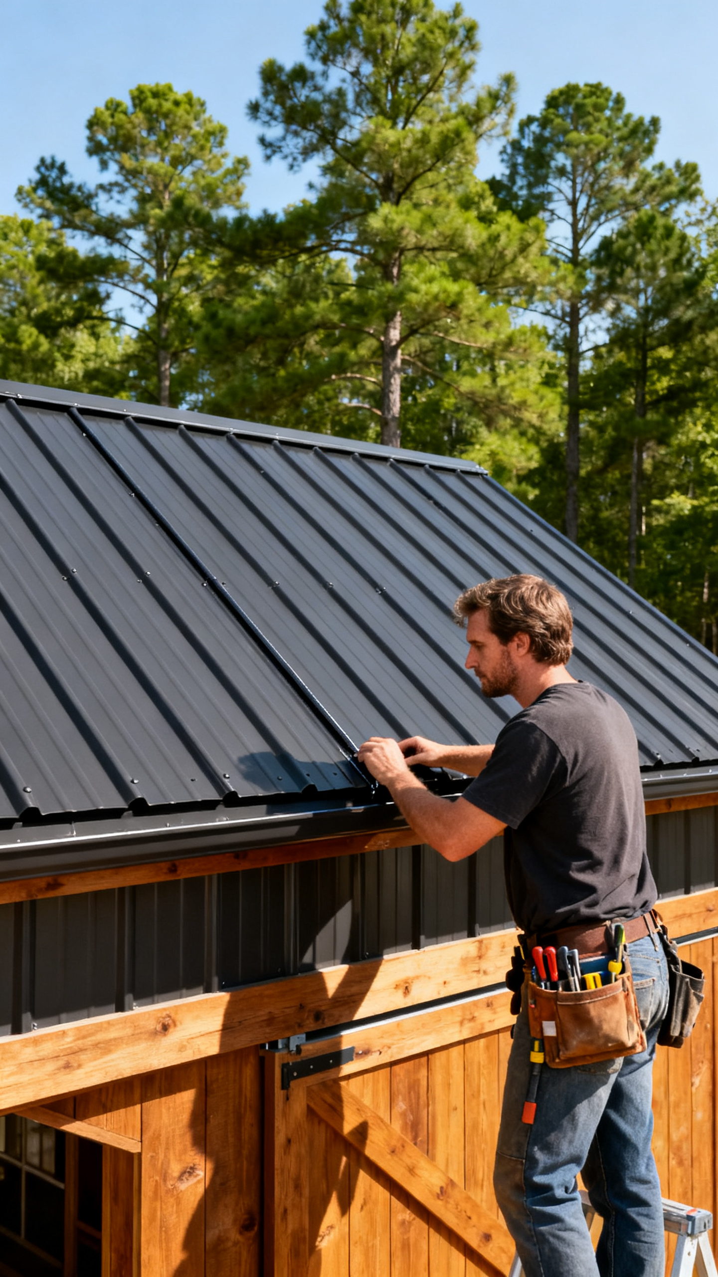 European roofer inspecting charcoal metal standing seam roof on a Georgia barndominium under clear blue sky