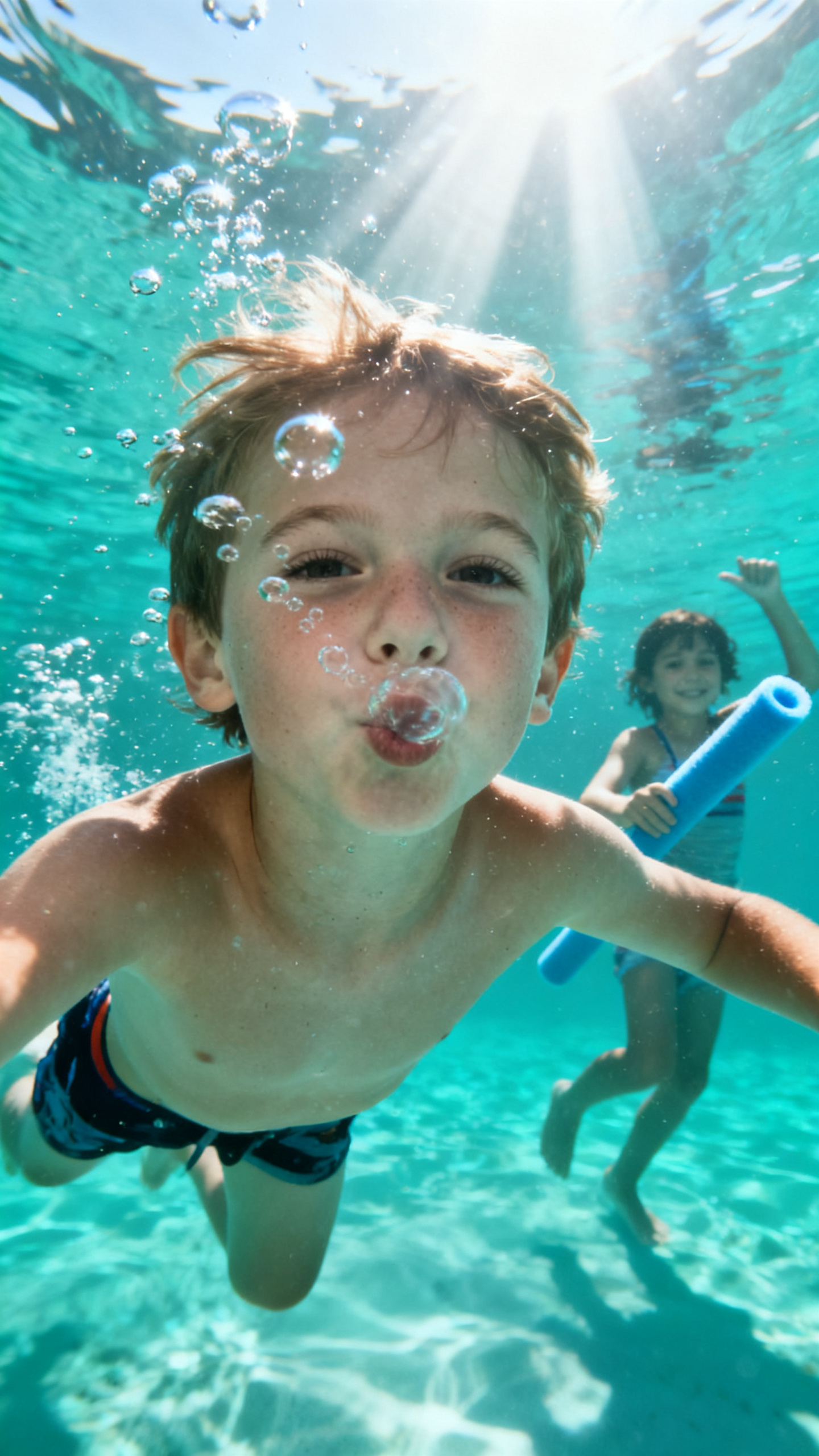 European child blowing bubbles underwater with bright sunlight filtering through clear pool water
