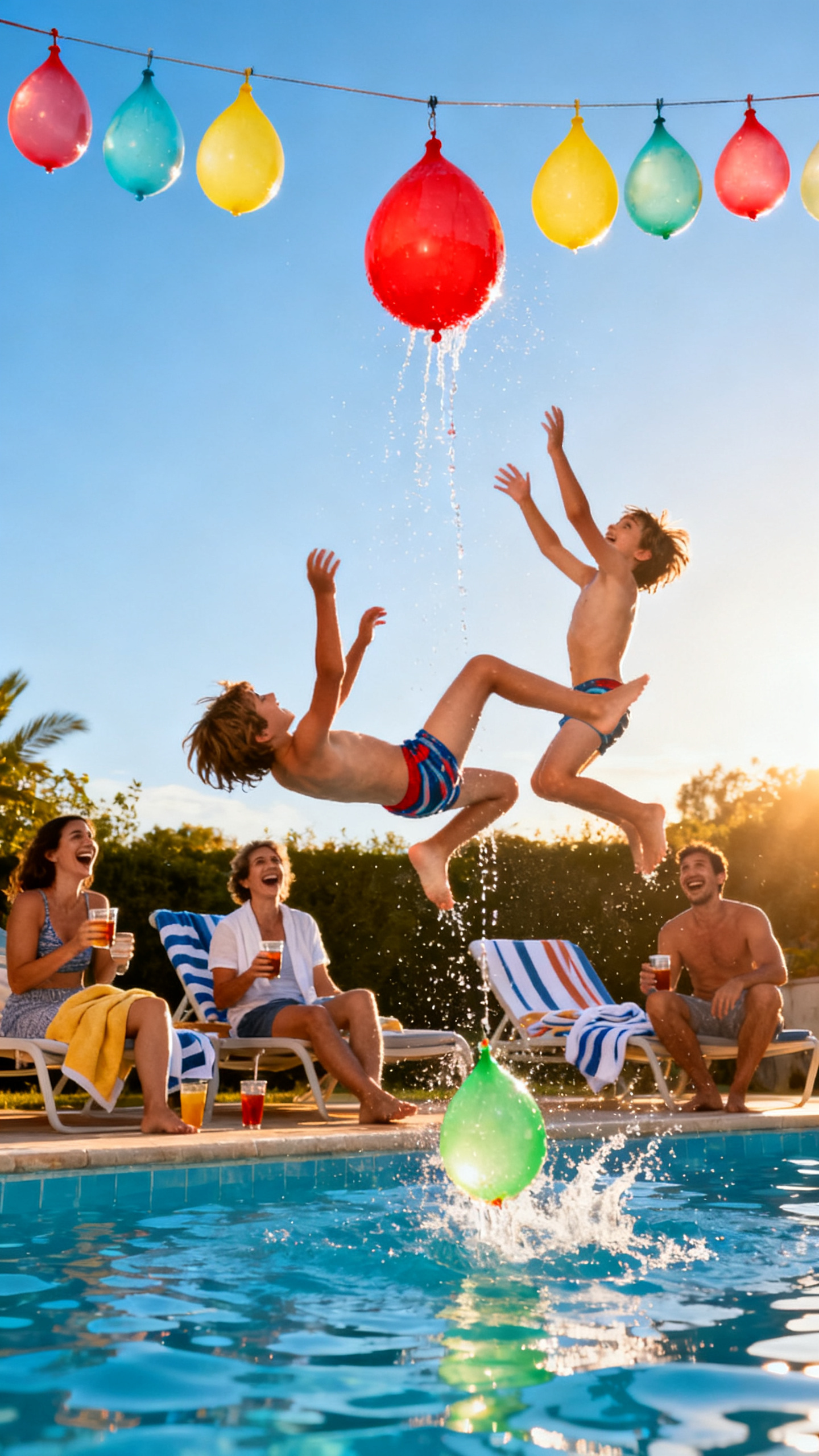 European children diving to pop hanging water balloons as part of a pool piñata game