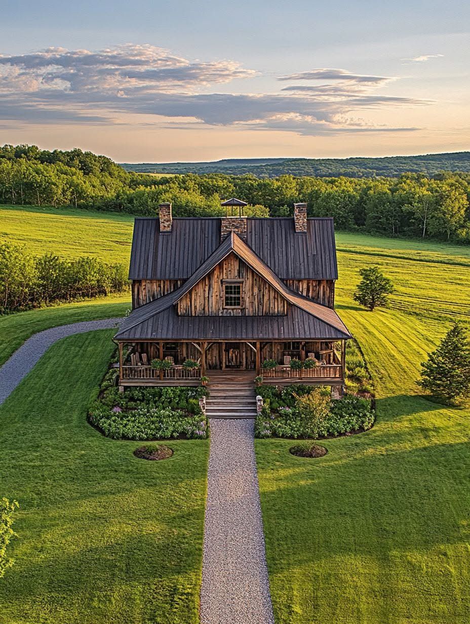 A rustic wooden house with a metal roof sits amid green lawns and trees under a partly cloudy sky, with a gravel path leading to the front porch.