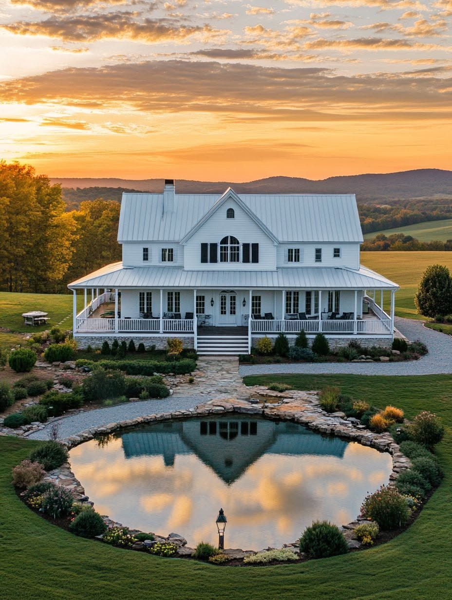 A white farmhouse with a wraparound porch stands in front of a small pond, surrounded by green fields and distant hills under a colorful sunset sky.