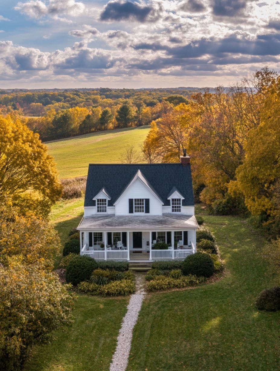 A white two-story house with a front porch sits among autumn trees and open fields under a partly cloudy sky.