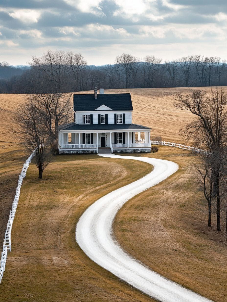 A white farmhouse with a covered porch sits at the end of a curving gravel driveway, surrounded by fields and bare trees under a cloudy sky.