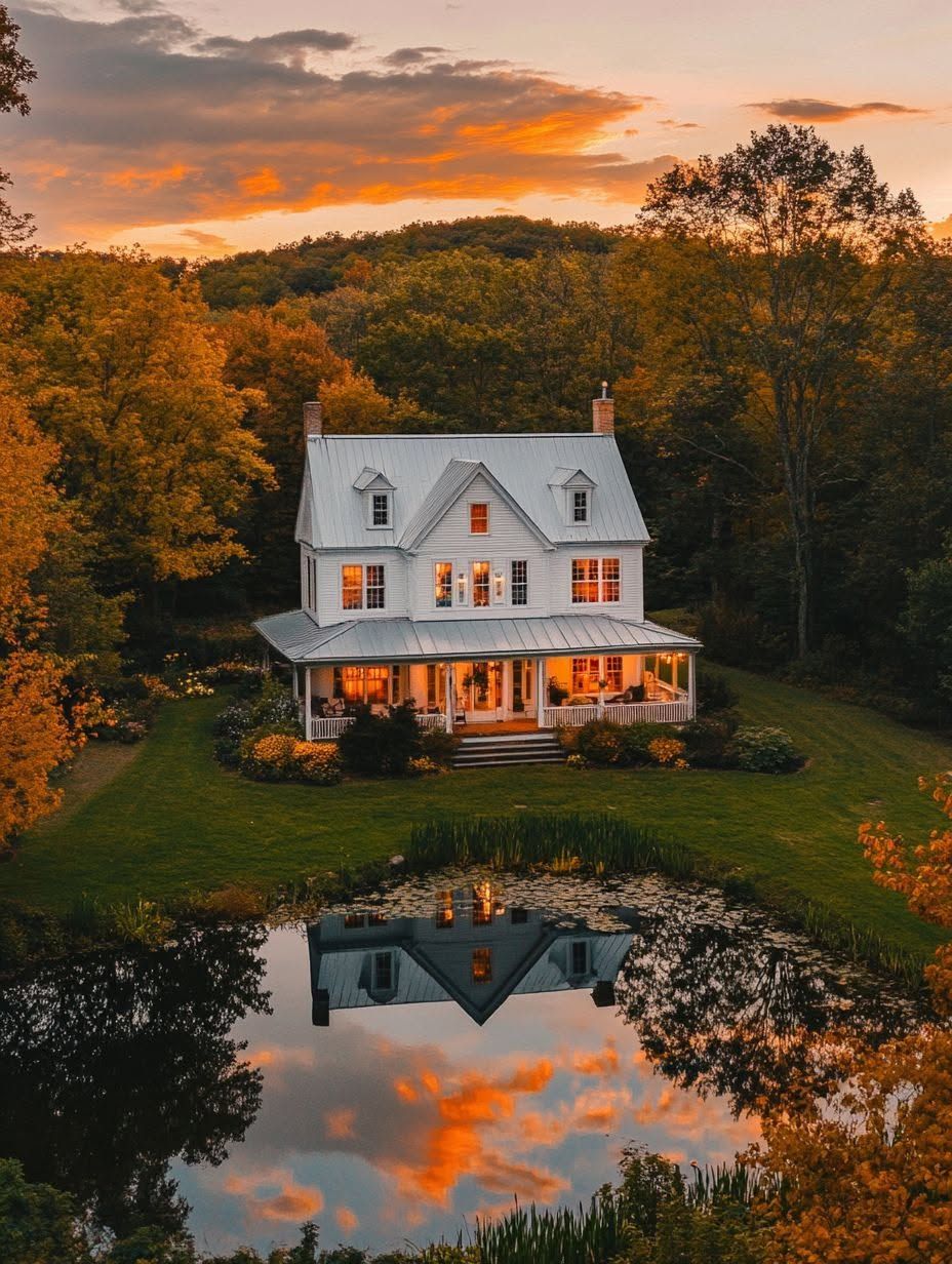 A white two-story house with a wraparound porch sits by a pond, reflecting the building and sunset sky, surrounded by autumn trees.
