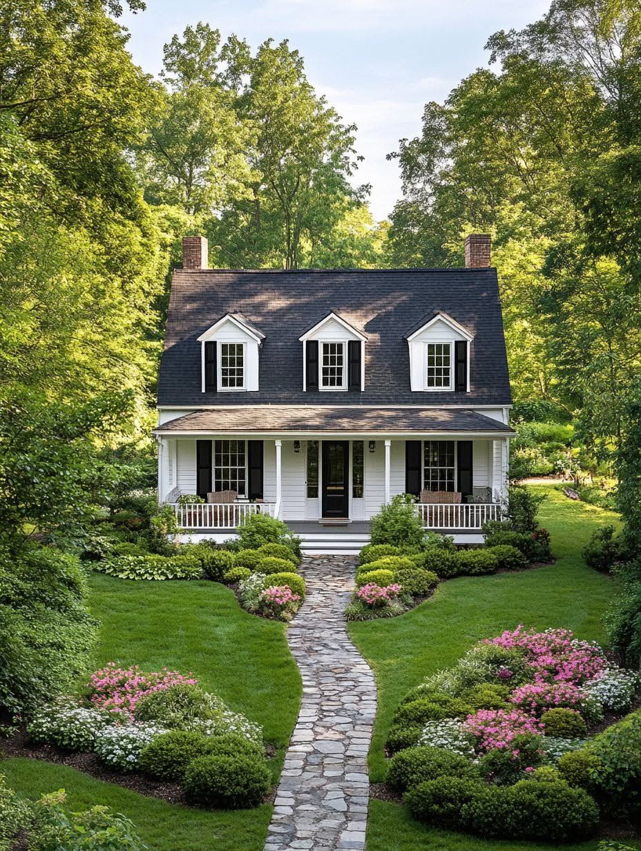 A white two-story house with black shutters, a front porch, and a stone pathway, surrounded by green lawns, bushes, and blooming flowers.