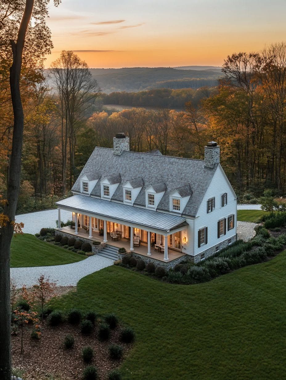 A large white house with a wraparound porch sits on a well-manicured lawn, surrounded by trees at sunset in a rural landscape.