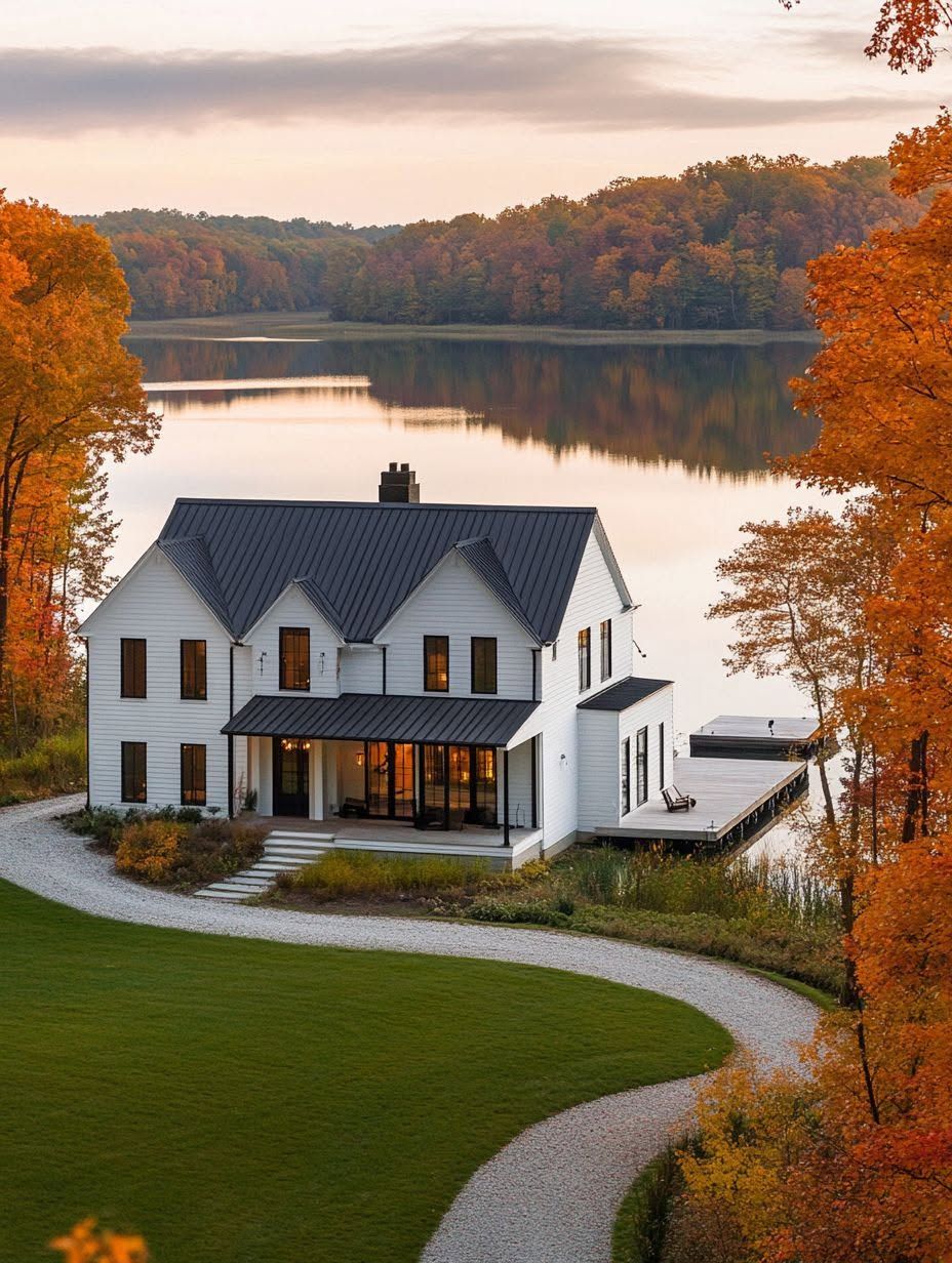 Two-story white house with black roof sits by a lake, surrounded by autumn trees with orange leaves and a curved gravel driveway.