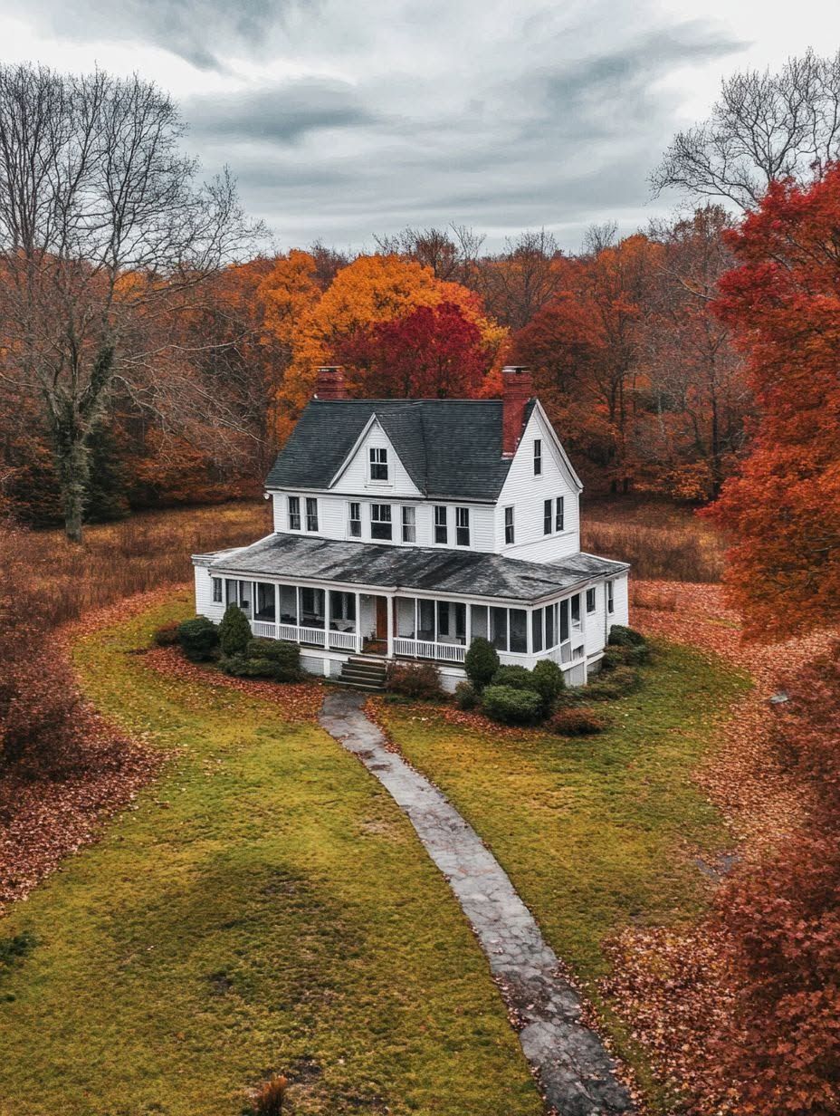 A white two-story house with a front porch sits surrounded by autumn trees with red and orange leaves, viewed from above on a cloudy day.