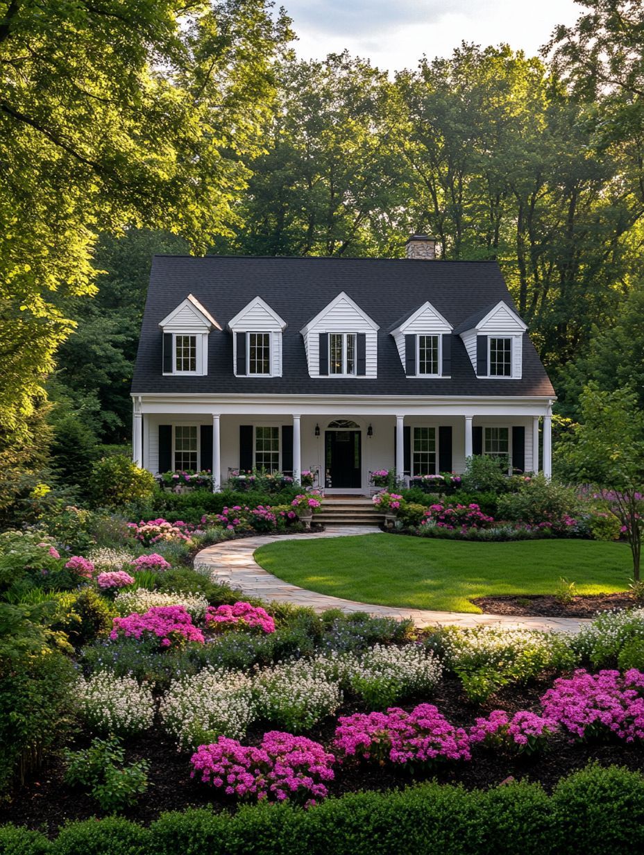 A two-story white house with black shutters and a front porch, surrounded by a landscaped garden with blooming pink and white flowers and a curved walkway.