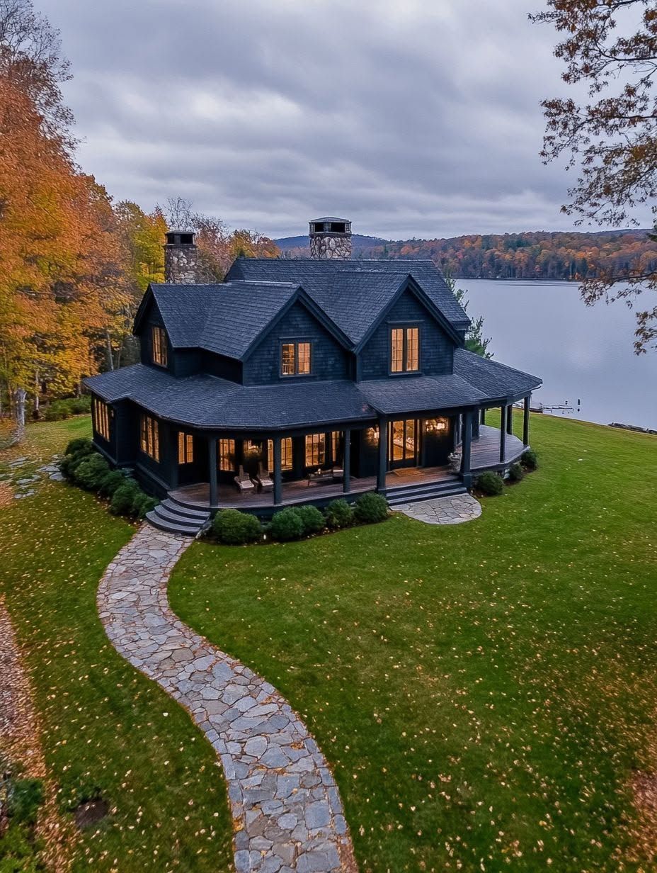 A two-story dark-colored house with a wraparound porch sits on a green lawn by a lake, surrounded by autumn trees under a cloudy sky.