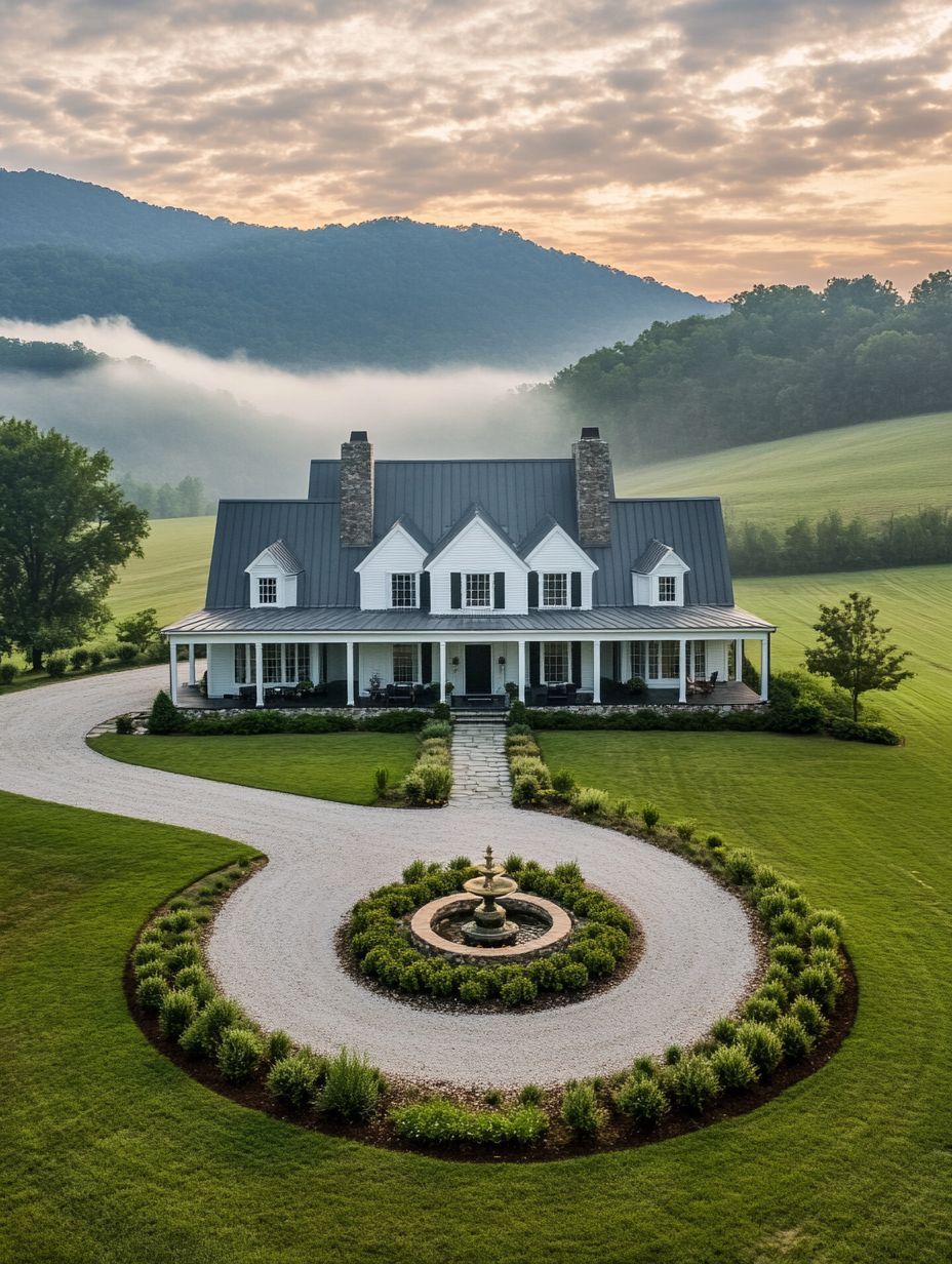 A large white house with a wraparound porch and stone chimneys sits on a manicured lawn with a circular driveway and fountain, set against misty hills at sunrise.