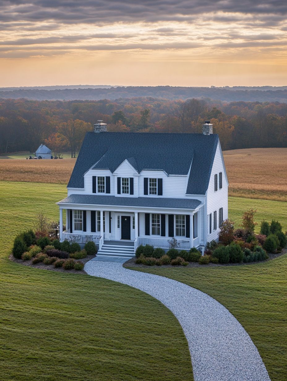 A two-story white house with a dark roof sits on a large green lawn, surrounded by fields and trees, with a curved gravel path leading to the front porch at sunset.