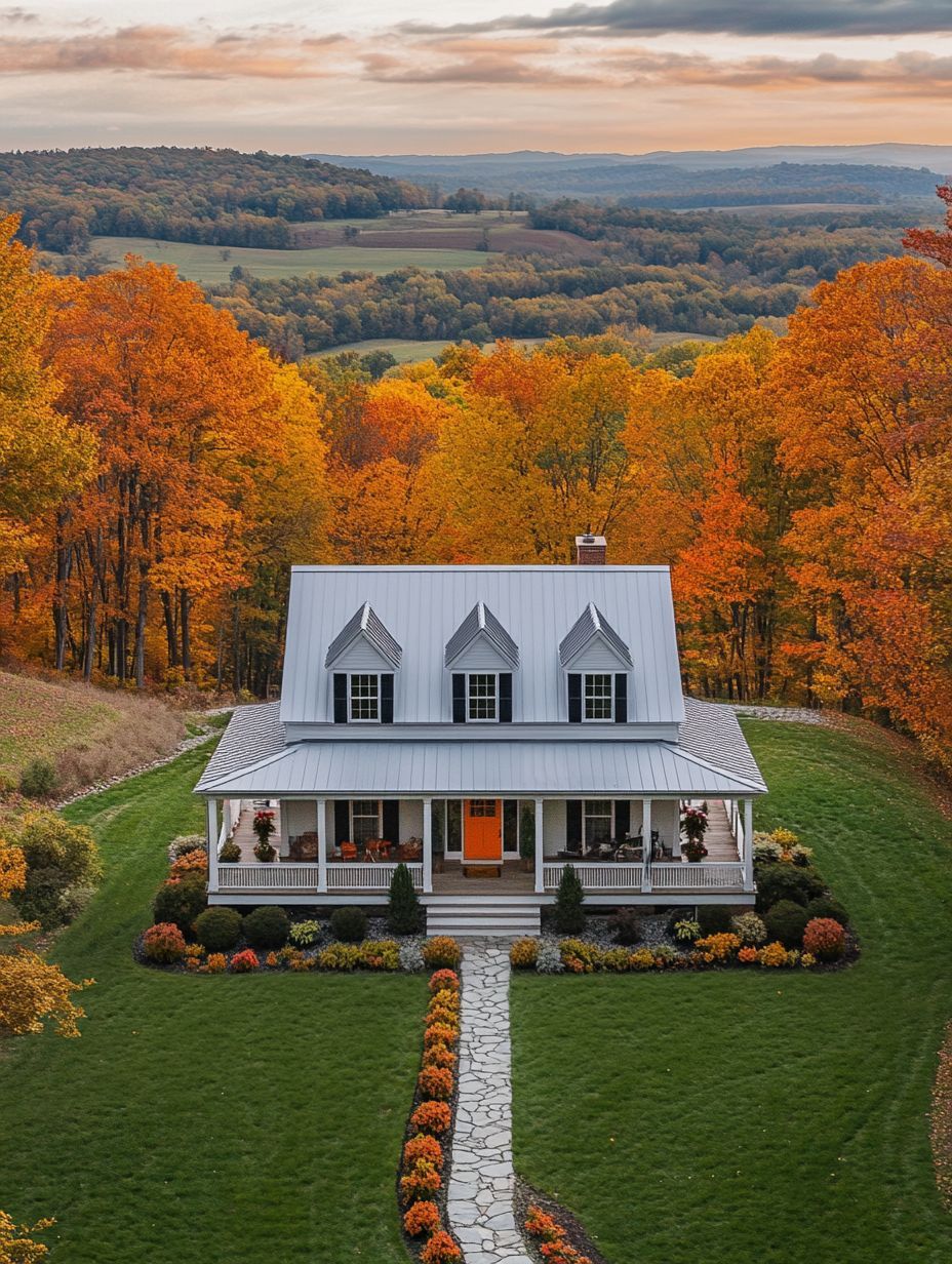 A white house with a front porch and orange door sits surrounded by autumn trees, with a stone path leading through a neatly manicured lawn.