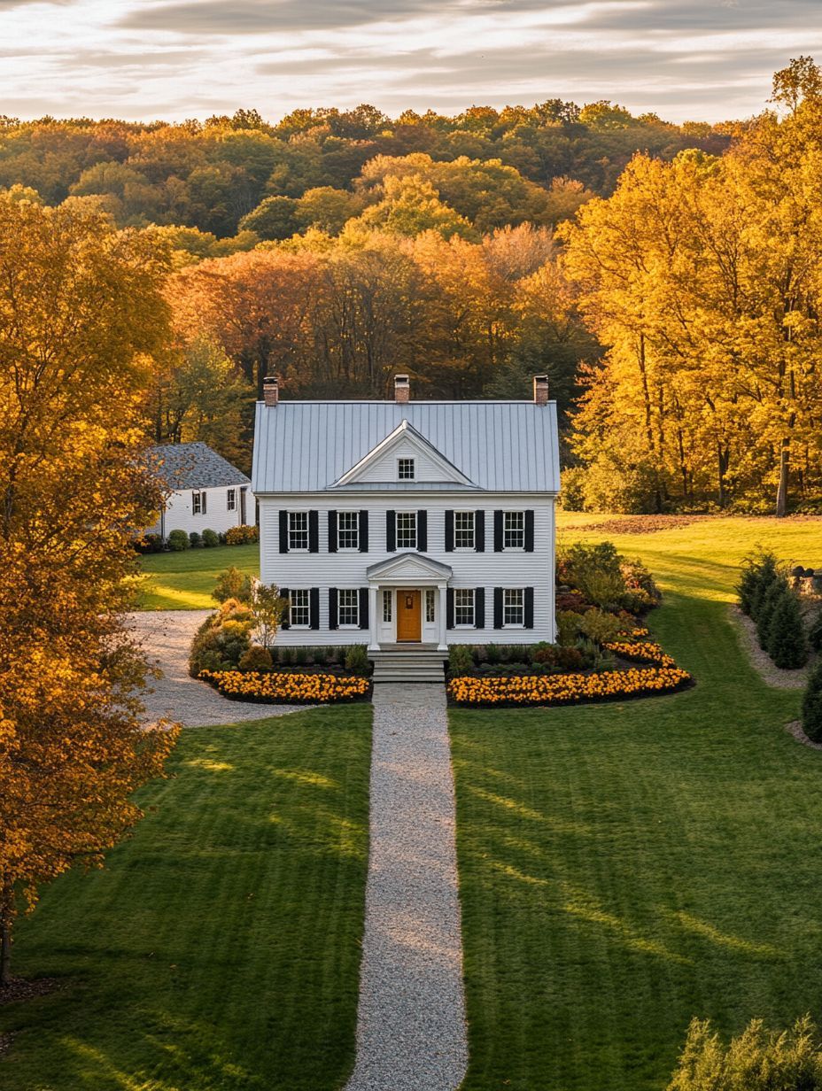 A white two-story house with black shutters sits amid a green lawn and autumn trees, with a gravel path leading to the front door and orange flowers bordering the walkway.