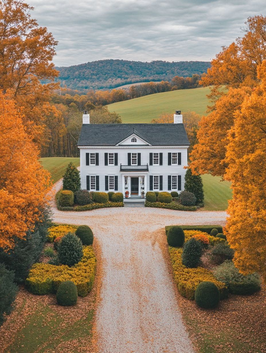 A white two-story house with black shutters stands at the end of a gravel driveway, surrounded by neatly trimmed bushes and autumn trees with orange leaves. Rolling hills are visible in the background.