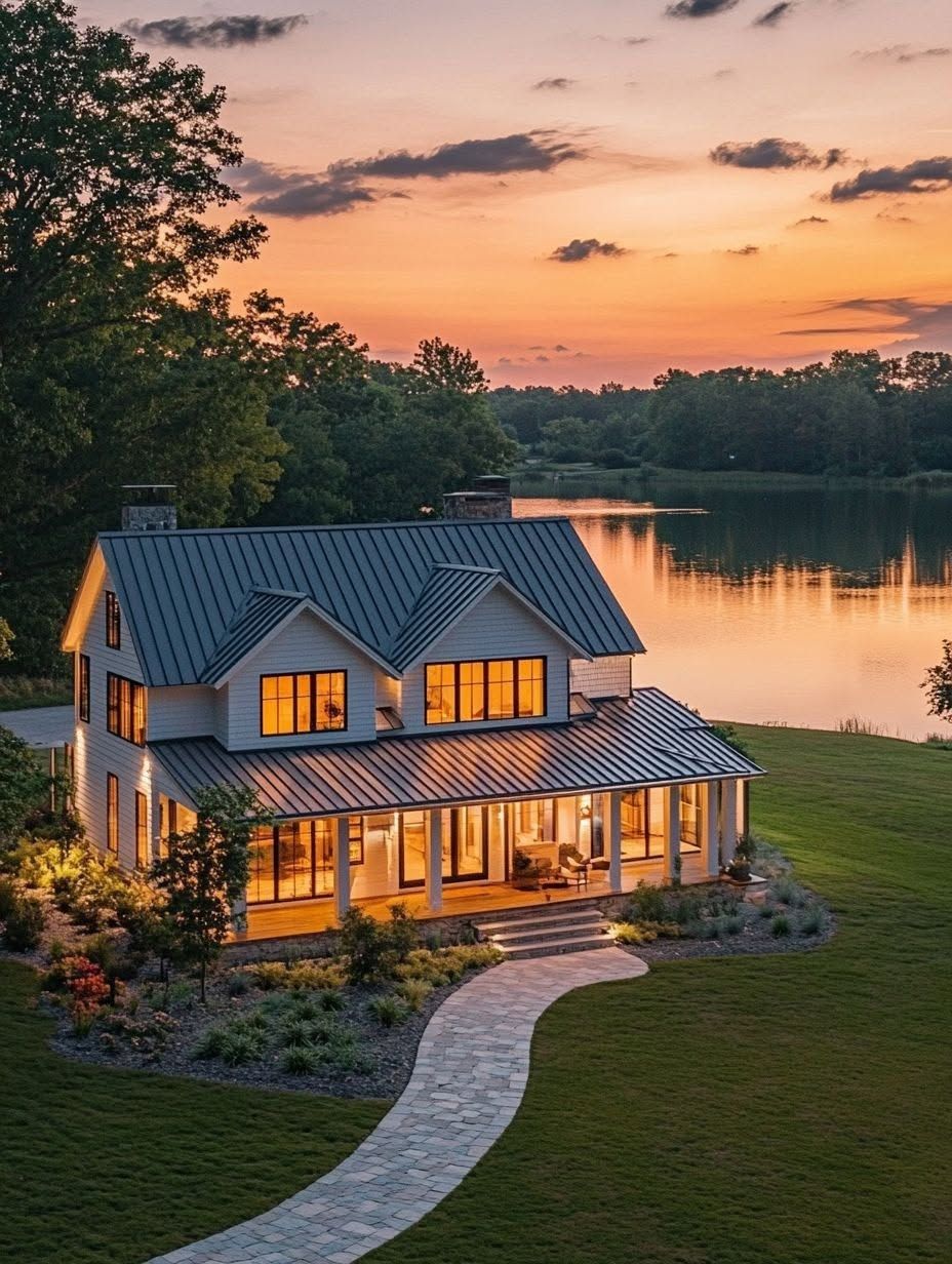 Two-story house with a metal roof and large windows, surrounded by lawn and trees, sits by a lake at sunset with warm lights glowing inside.